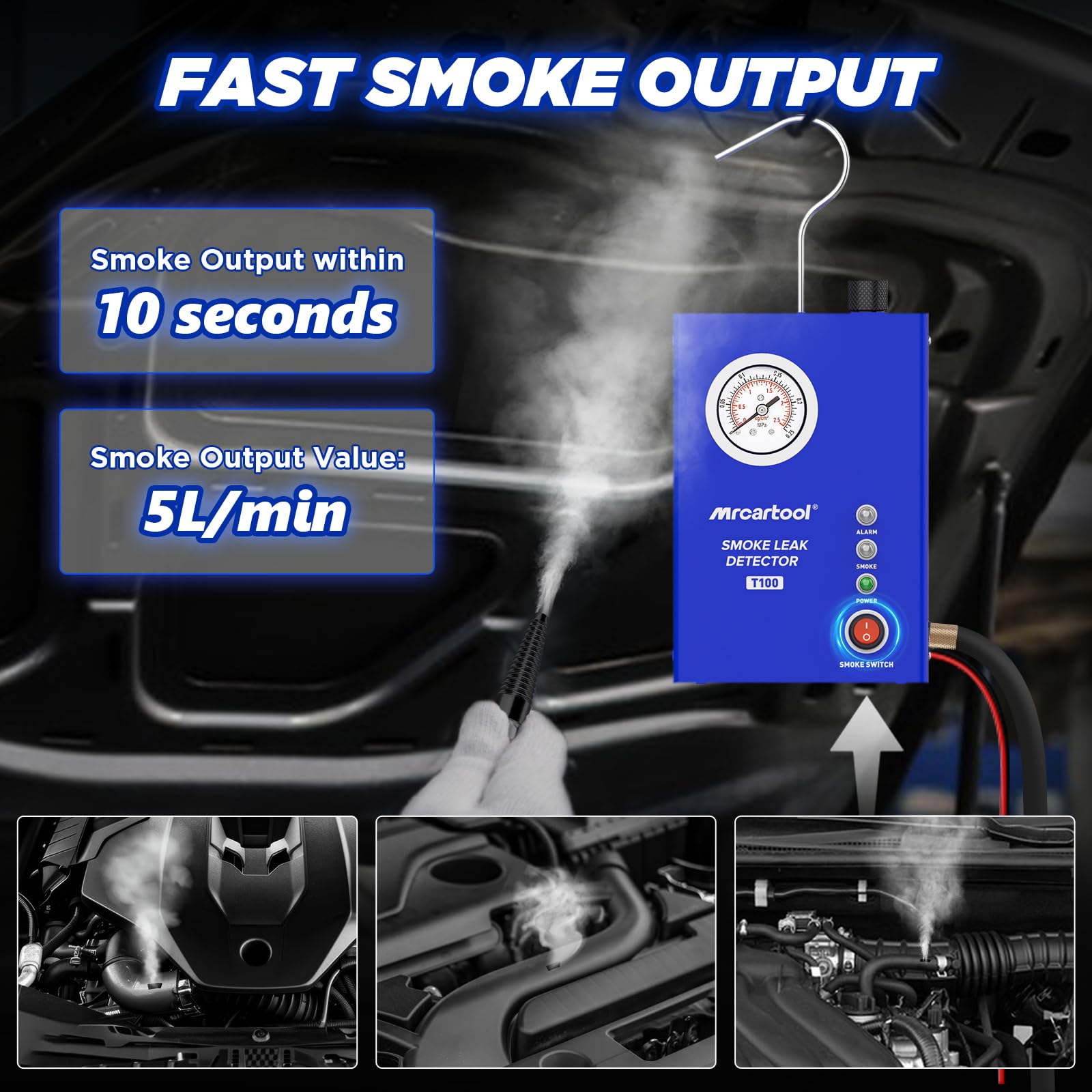 Detector de Fugas por Humo MR CARTOOL T100 - Probador de Fugas de Humo para EVAP Automotriz con Bomba de Aire y Manómetro Incorporados los Vehículos de 12V CC