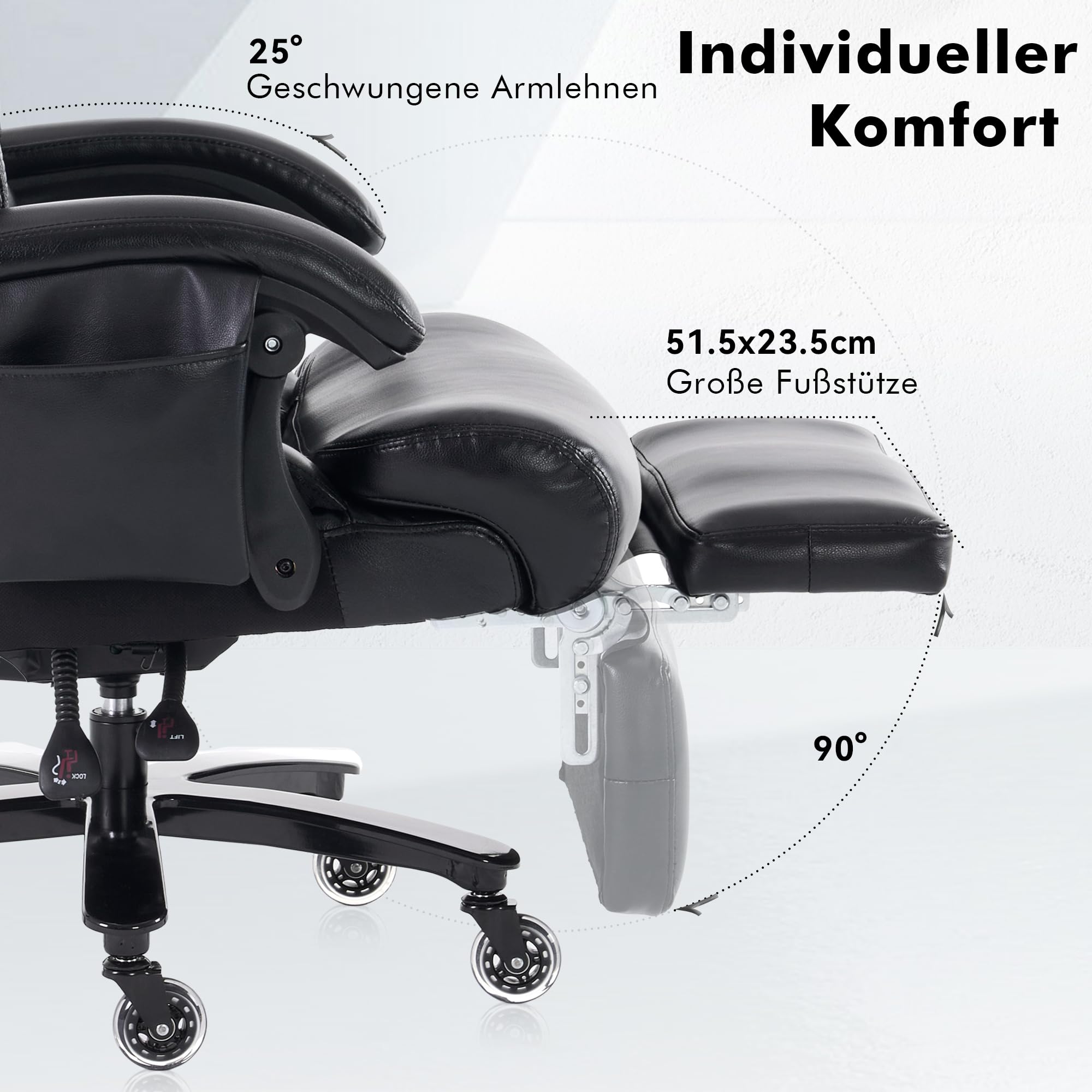 DEKKETO Bürostuhl Ergonomisch mit Fußstütze, PU Leder Chefsessel mit Massagefunktion, Verstellbare Kopfstütze und Lendenstütze, Rückenlehne, Drehstuhl mit Staufächern, Schwarz