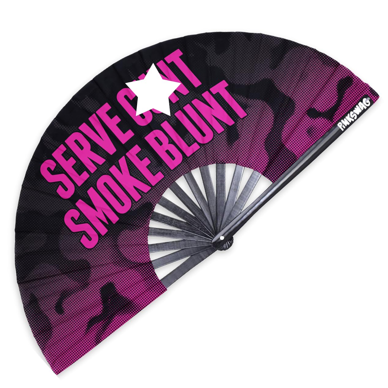 Pinkswag βServe C*nt Smoke Bluntβ Clack Fan - Pink Camo Bamboo Fan for LGBTQ Pride, Drag Shows & 420 Parties