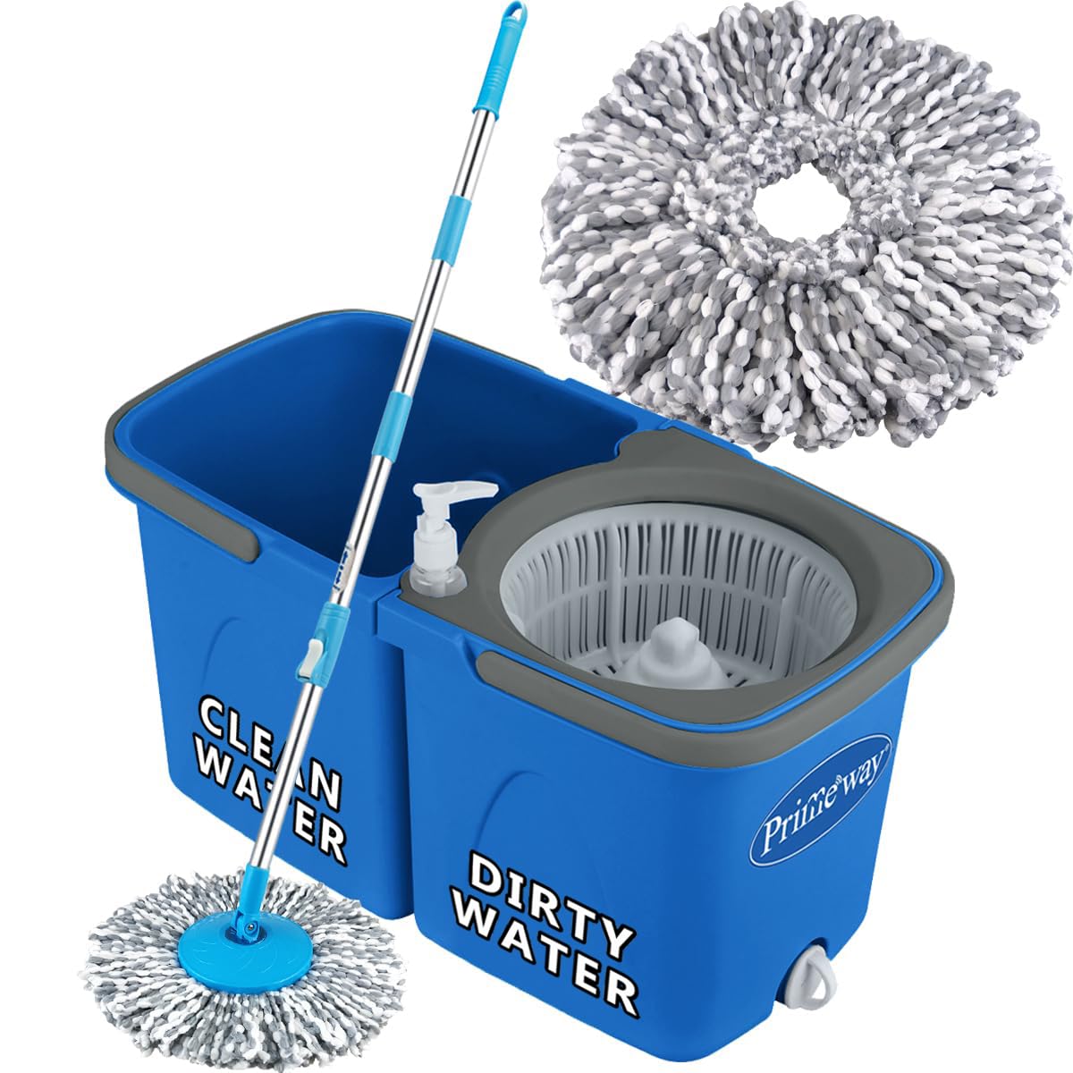 Primeway® Plastic XL 360 Rotating Spin Twin Bucket Floor Mop for Clean and Dirty Water with 2 Triangular Microfibre Refills 36cm | New Hydraulic 130cm Handle | 6 LTR | Blue