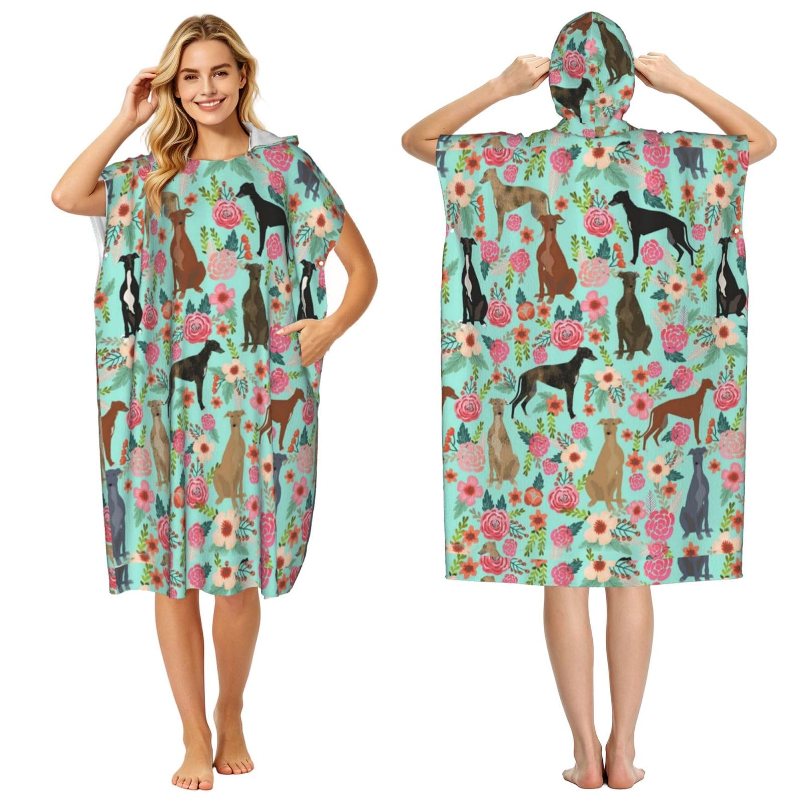 Poadnly Greyhounds Florals, Adult Hooded Beach Towel 90 x 110 cm,Changing Bath Robe, Surf Poncho Towel For Women Men
