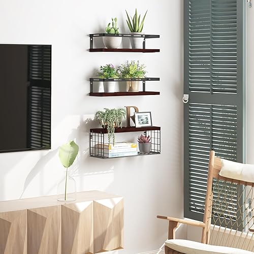 Miniatura 5 de Fixwal Estantes flotantes montados en la pared de 3+1 nivel con marco de metal, estantes de baño de madera rústica sobre el inodoro con cesta de