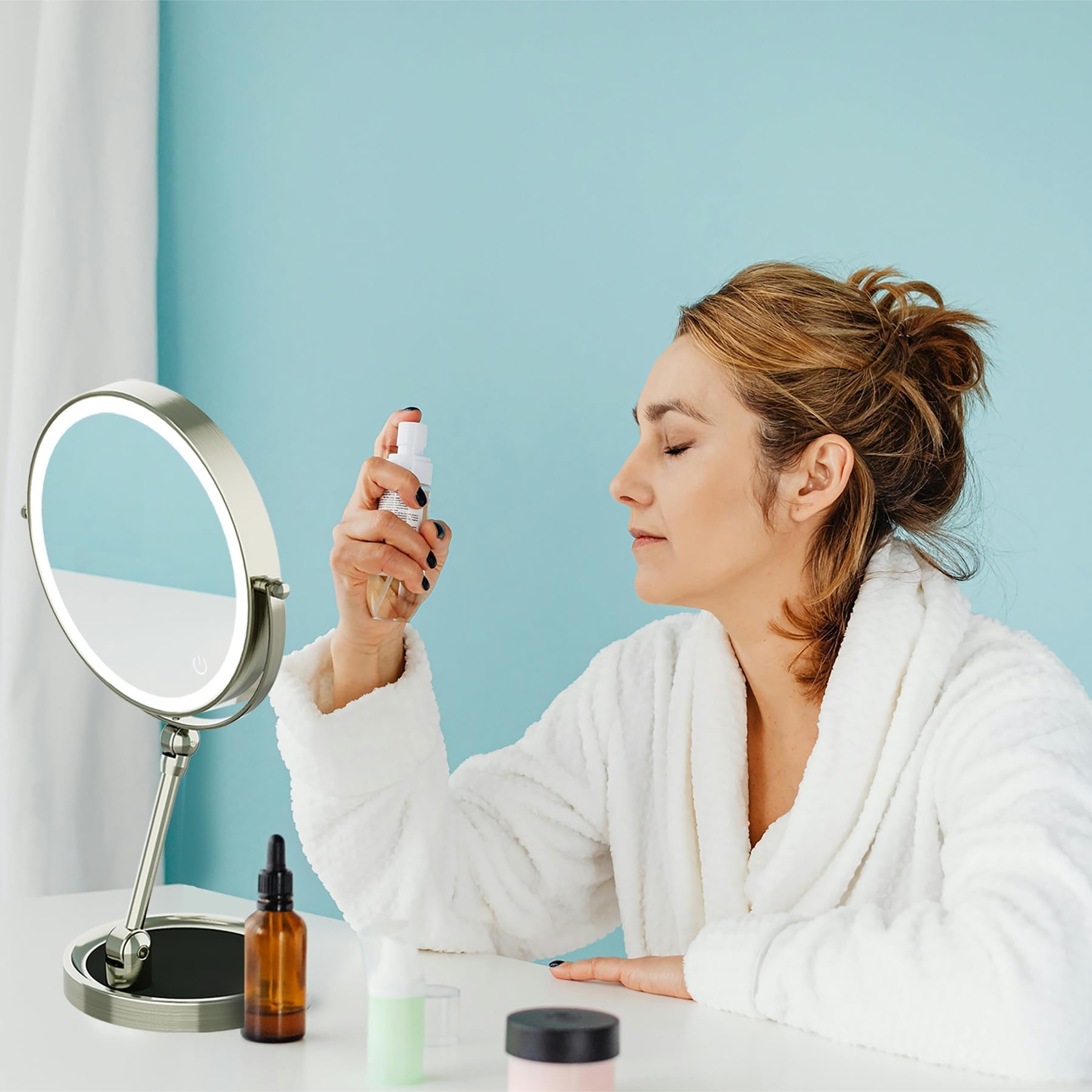 Rocollos Lighted Tabletop Makeup Mirror with Tray, 1X/10X Magnification