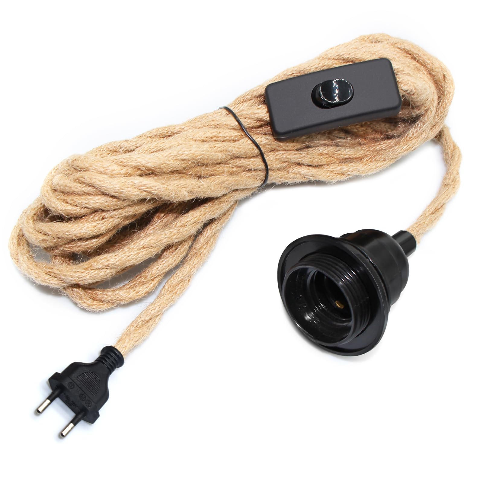 510CM Hanfseil Hängelampe mit Stecker, E27 Fassung mit Kabel und Schalter, Lampenfassung mit Schalter, Lampenkabel mit Stecker, Pendelleuchte mit Stecker, Hängeleuchte Steckdose, DIY Lichtschirm