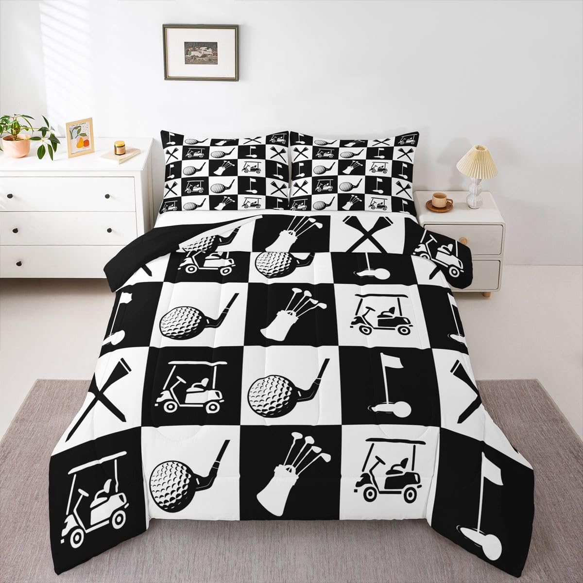 Feelyou Golf Comforter Set Twin Size Black White Plaid Buffalo Check Geometric Bedding Set for Kids Boys Girls Sports Theme Duvet Quilt Bedroom Decor Microfiber 2 Pcs with 1 Pillow Cases