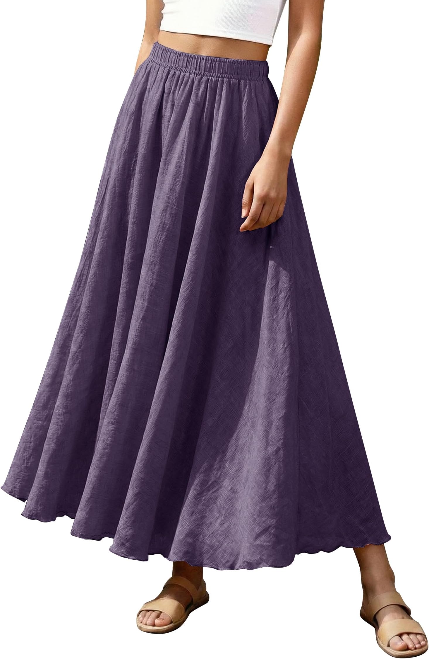 Women Bohemian Beach A-Line Dress Double Layer Elastic Waist Long Maxi Skirt