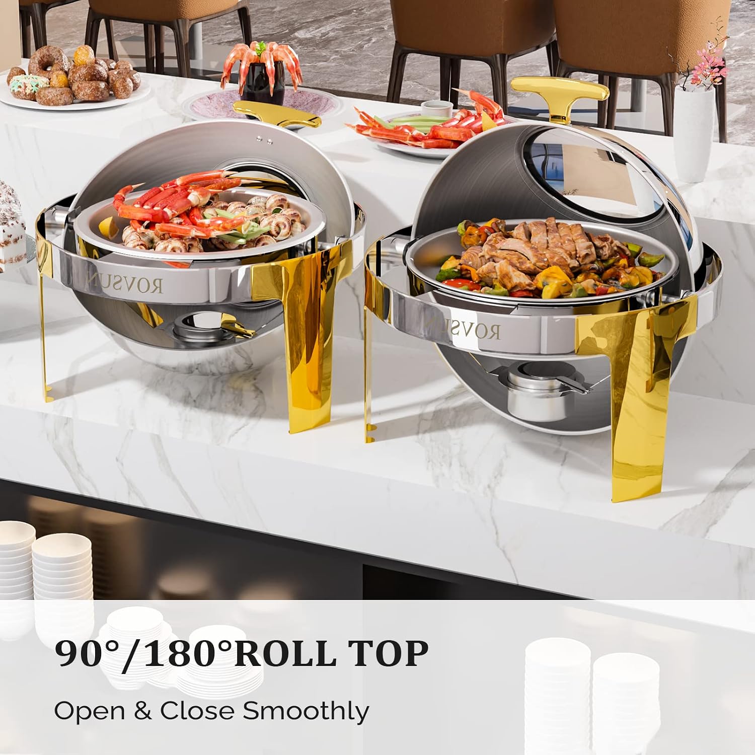 ROVSUN Roll Top Chafing Dishes for Buffet 6QT, Stainless Steel Round Chafing Dish Buffet Set, Buffet Servers and Warmers Set with Glass Window for Weddings Parties Catering Events, Gold