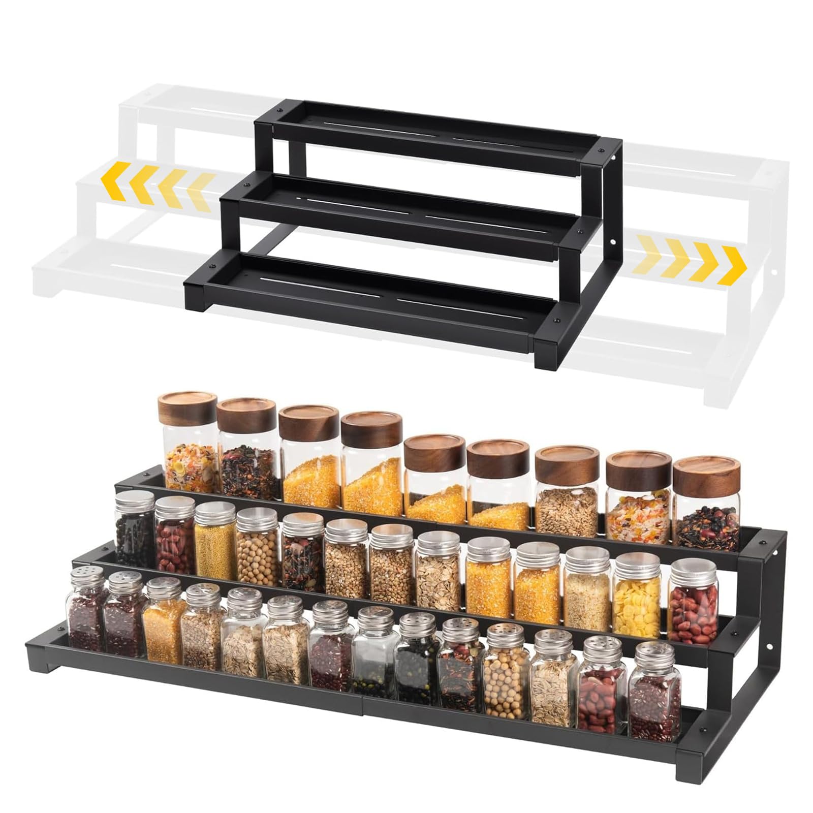 Étagère à épices à 3 niveaux extensible de 36 à 66 cm, grand organisateur d'assaisonnement, étagère à épices pour garde-manger, cuisine, comptoir, salle de bain