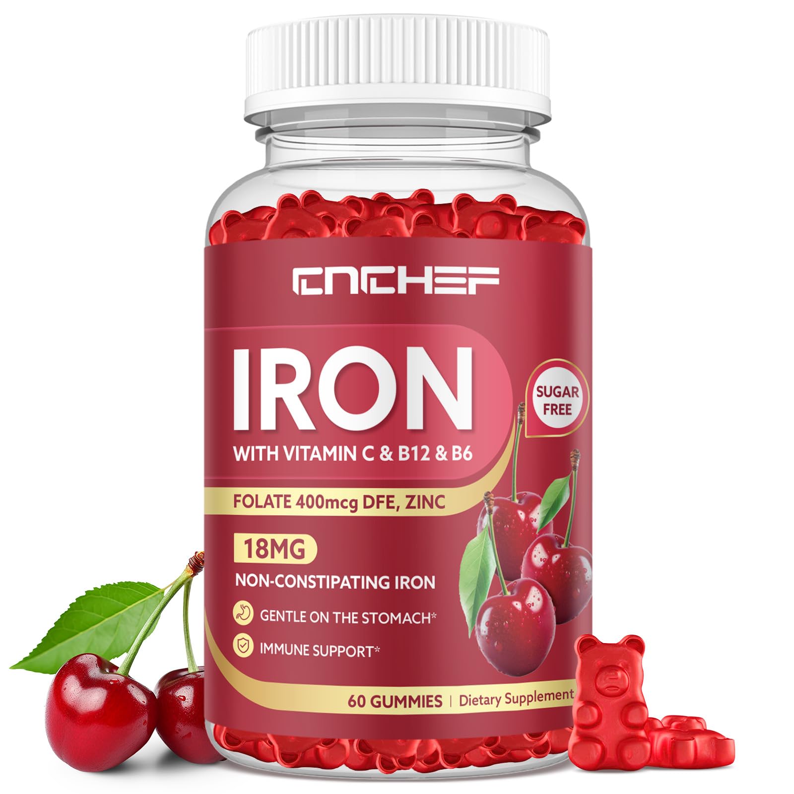 Iron Supplement for Women & Men Gummies, Multivitamin Blood Builder Iron Supplement with Folate Vitamin C B12 B6 Zinc for Adults & Kids - Energy Support - Cherry Flavor, Vegan 60 Gummies Cherry 60 Count (Pack of 1)