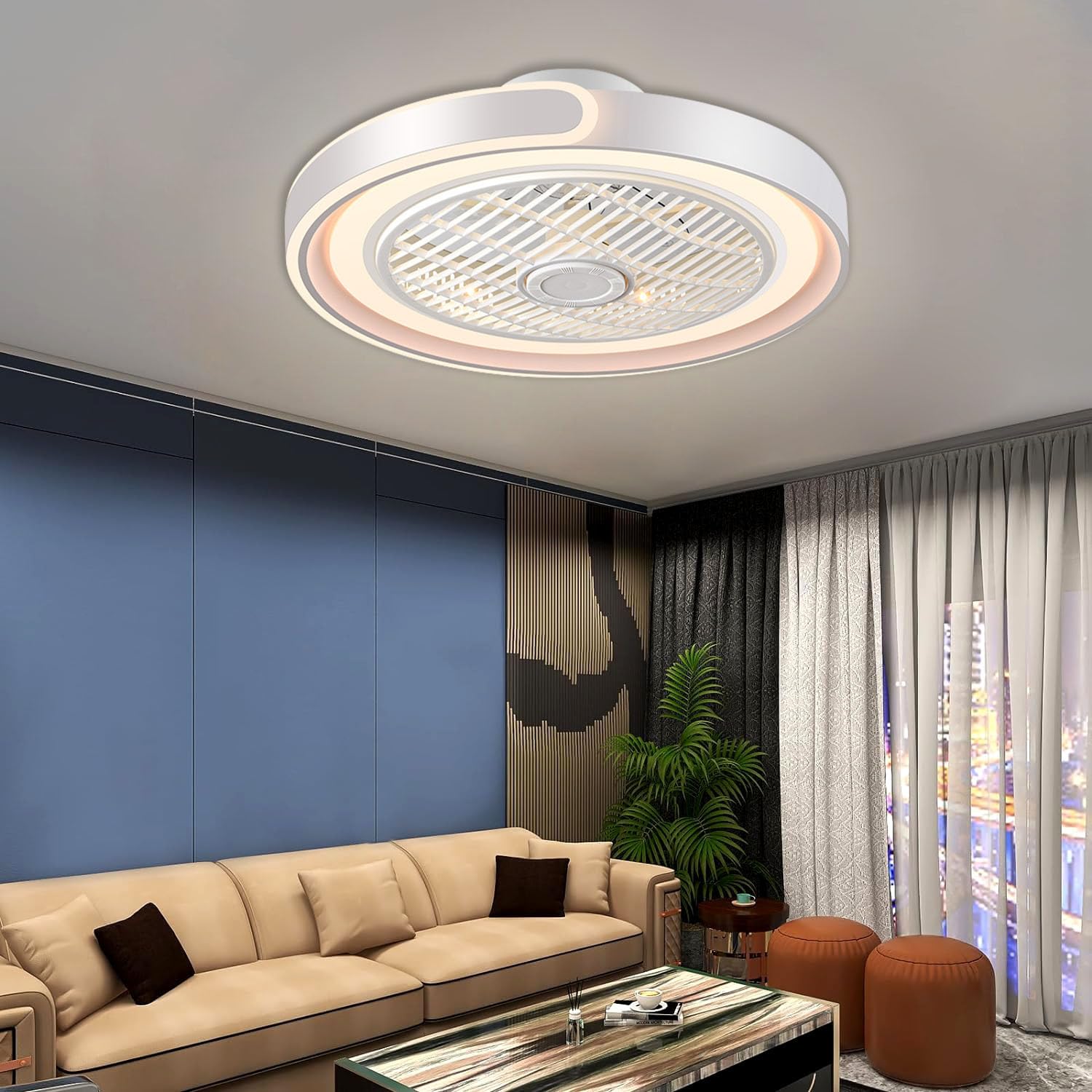 ASJK Deckenleuchte mit Ventilator, 72 W, 7200 lm, Dimmbar, App und Fernbedienung, 6-Gang, Timer, Weiß