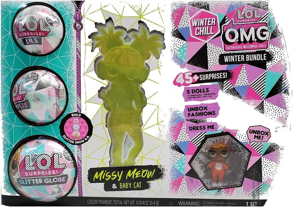 Winter Chill L.O.L. O.M.G Surprise Winter Bundle- 1 Missy Meow, 1 Baby Cat, 1 Lils, 1 Fluffy Pets, 1 Glitter Globe