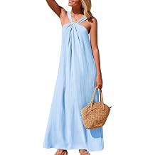 Kikibell Womens Summer Sleeveless Halter Sundress with Pockets Casual Strappy Beach Vacation Loose Flowy Maxi Long Dress