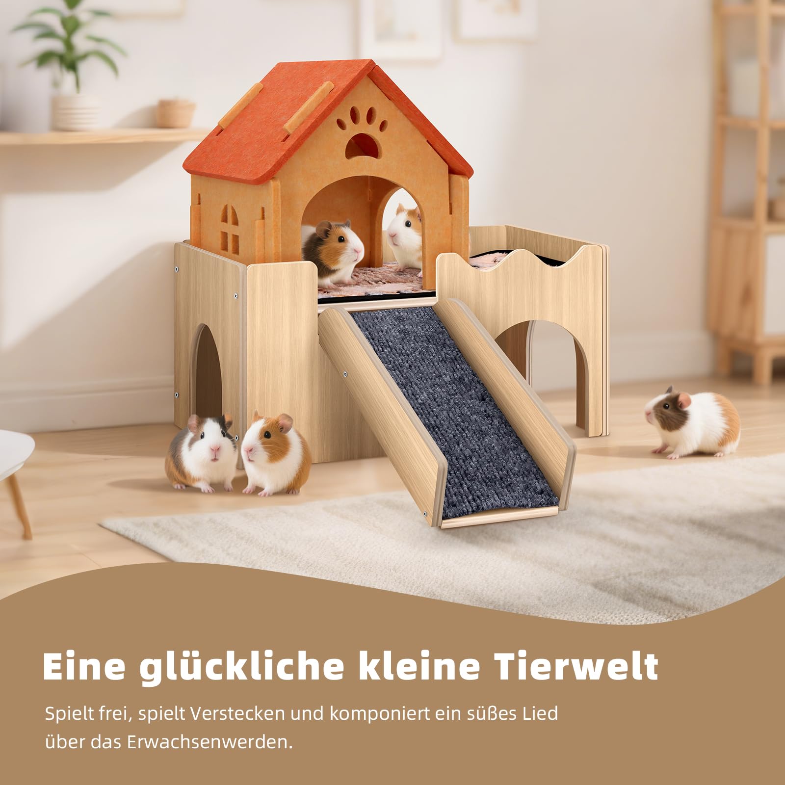 Mittimiya 3-in-1 Meerschweinchen Haus, Hamster Haus aus Holz mit Plattform und Treppe als Versteck, Meerschweinchen Zubehoer Kaninchenhaus für Kleintiere