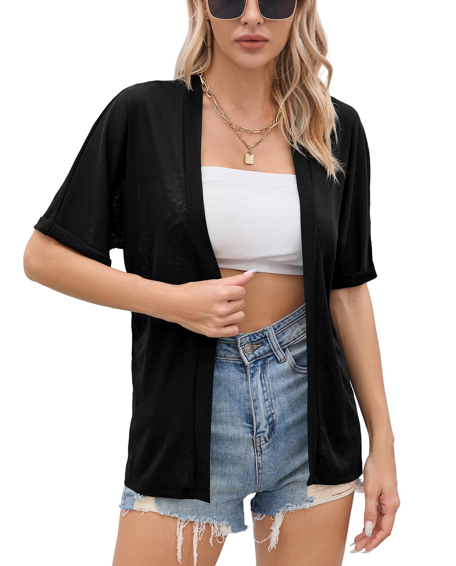 Iandroiy Womens Lightweight Open Front Cardigans Casual Short Sleeve Blouse Tops