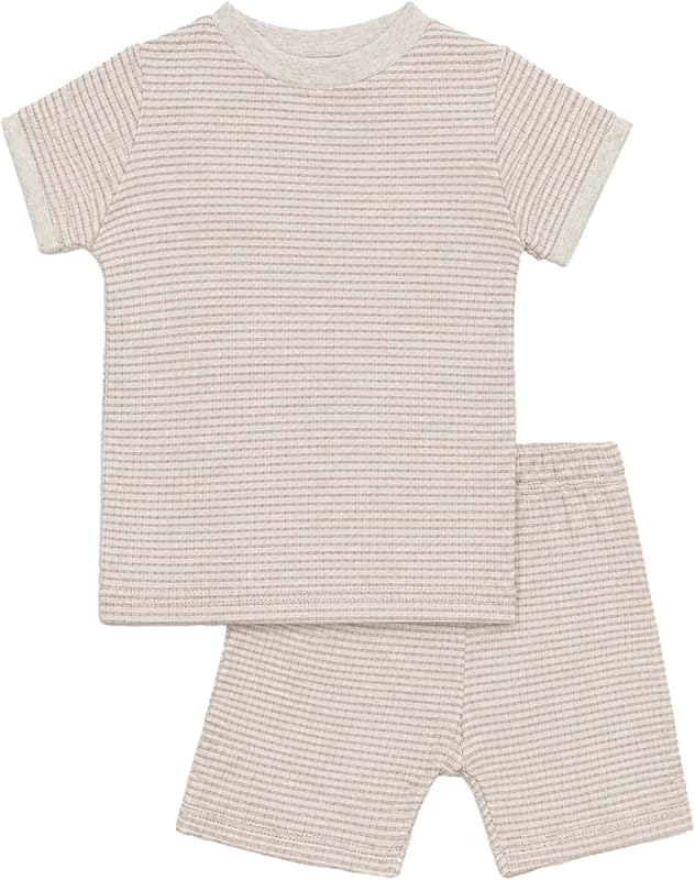 Baby Short Sleeve Pajamas Cotton Waffle Knit T-Shirt and Shorts Set, Summer Sleepwear for Boys Girls