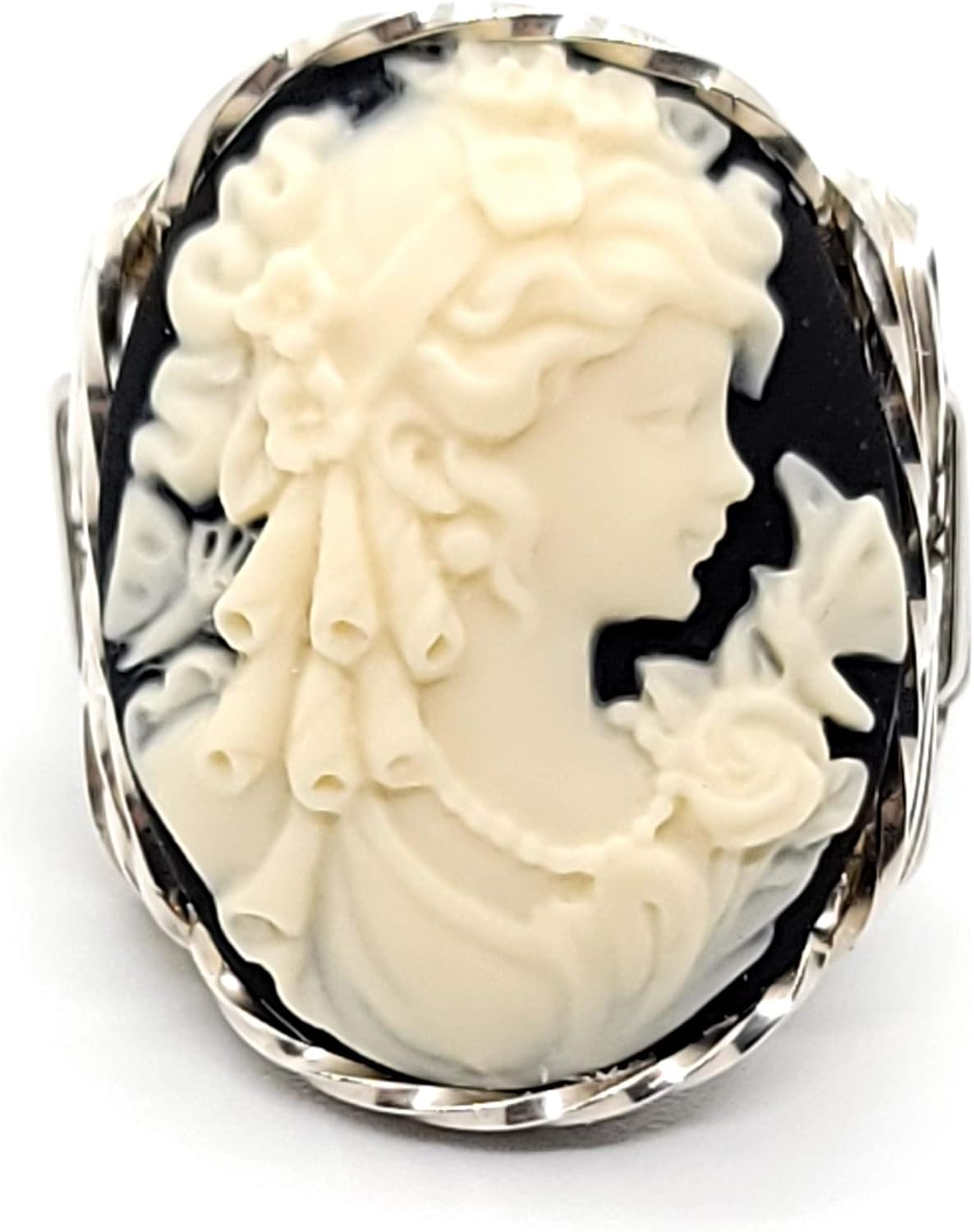 Grecian Goddess Butterfly Large Black Resin Cameo .925 Sterling Silver Ring