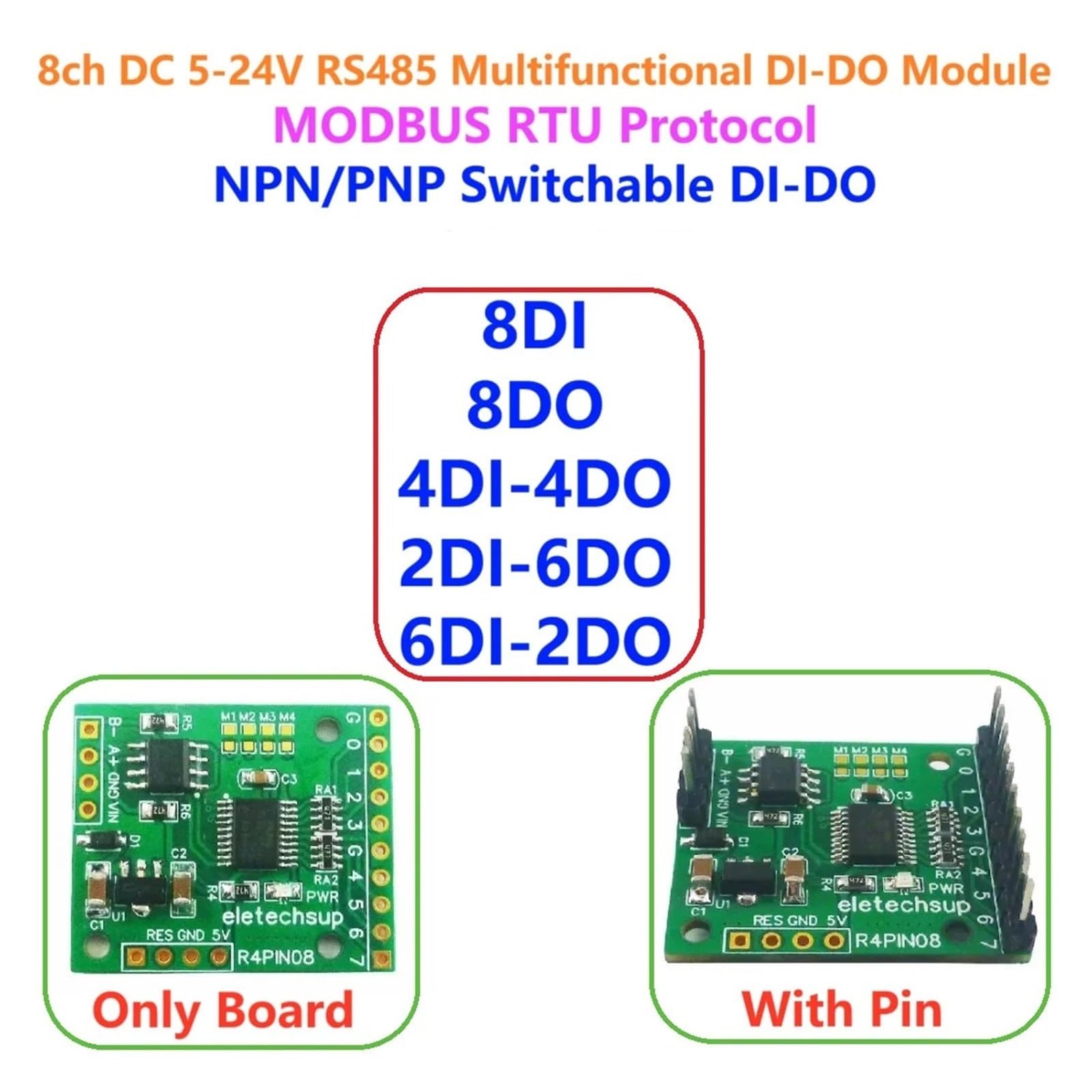 Modulo relè PLC Scheda di espansione 8CH DC 5V 12V 24V Modbus di ingresso e uscita PLC HMI IO Scheda di espansione R4PIN08 RS485 Scheda centrale pin da 2,54 mm(8DO,Only Board)