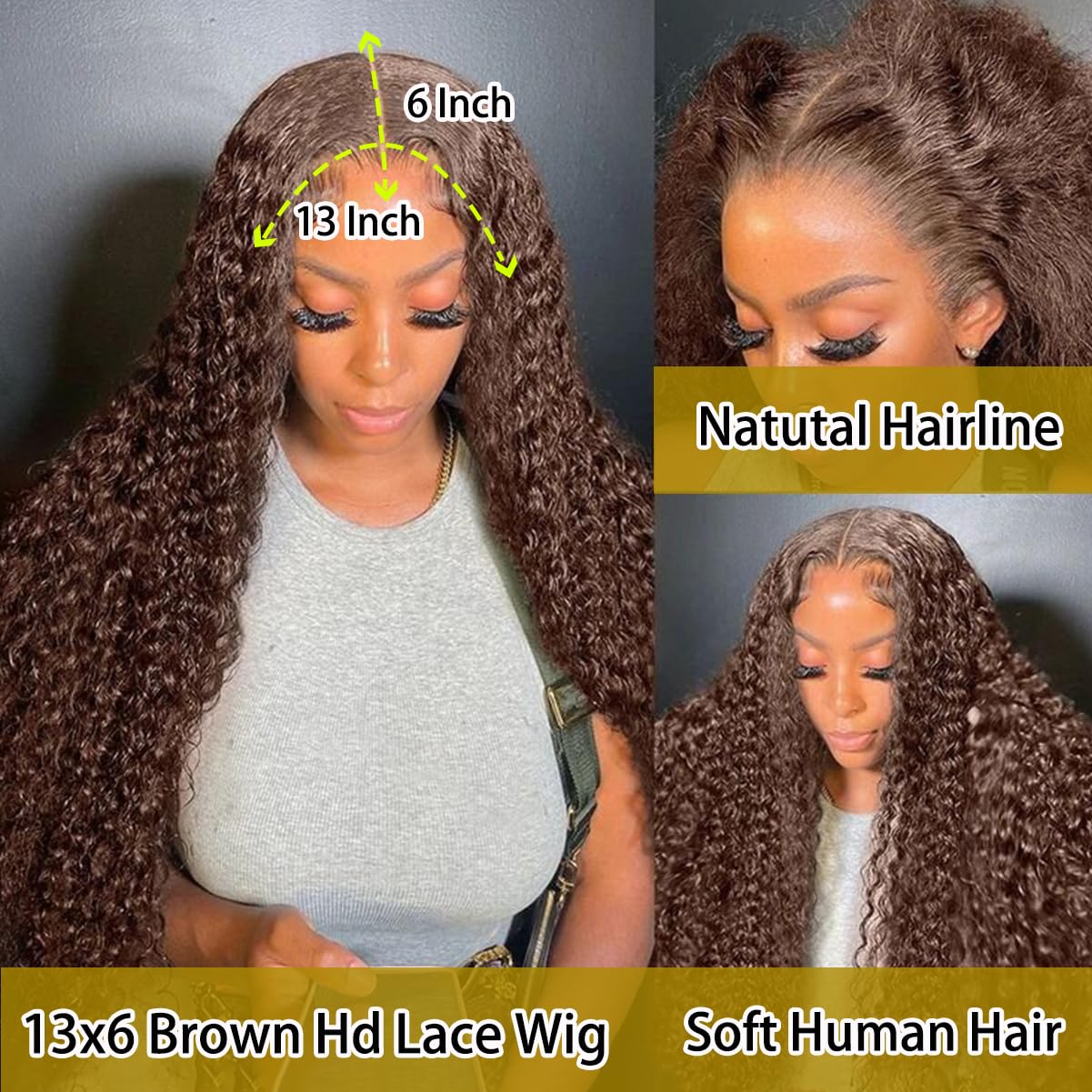 220% Density 13x6 Chocolate Brown Deep Wave HD Lace Front Wigs Human Hair for Women Glueless Brown Deep Curly Lace Frontal Wigs Brazilian Virgin Human Hair Wigs Pre Plucked with Baby Hair（26inch）