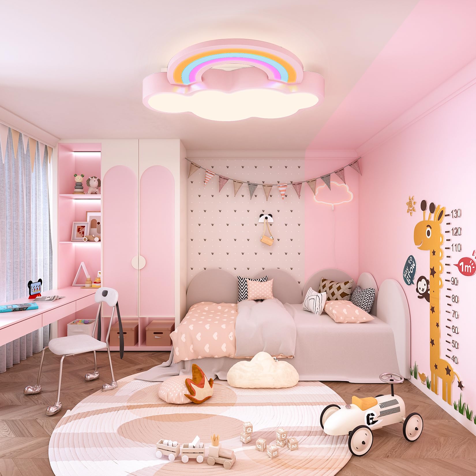 Vrygle Rainbow Ceiling Light Kids Room: Flush Mount LED Lights Cartoon Children Room Night Lamp 3 Lighting Colors Cloud Shape for Bedroom, Kindergarten,Nursery, Pink for Girls