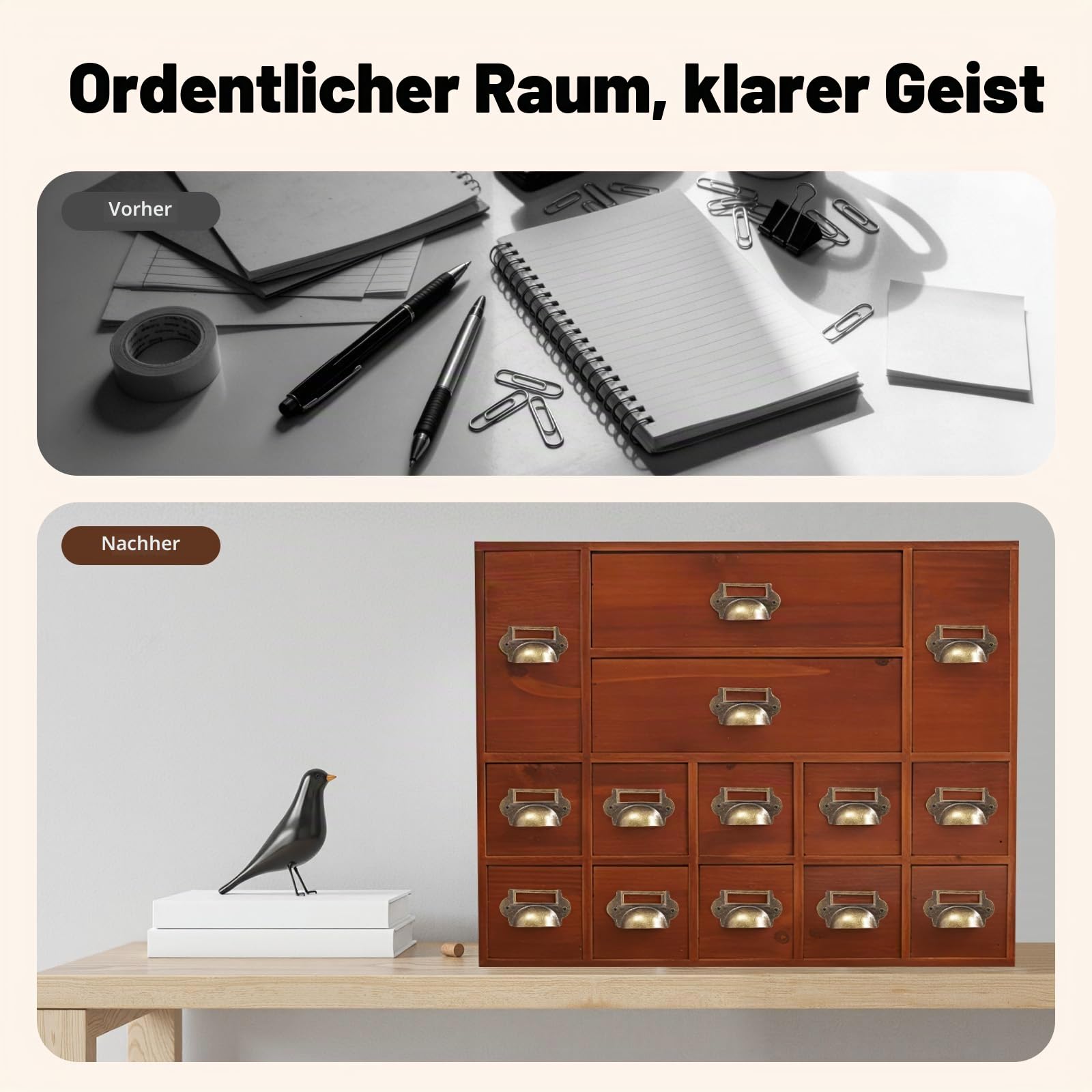 Holz Schreibtisch Organizer, Vintage Kommode mit 14 Schubladen Organizer, Jede Schublade ist belastbar 3kg, für Schlafzimmer, Küche, Büro