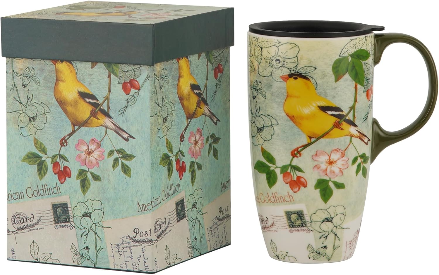 TZSSP 17oz Ceramic Travel Mug with Lid - Porcelain Coffee & Tea Cup, Song Bird Design, Dishwasher Safe - Image 3