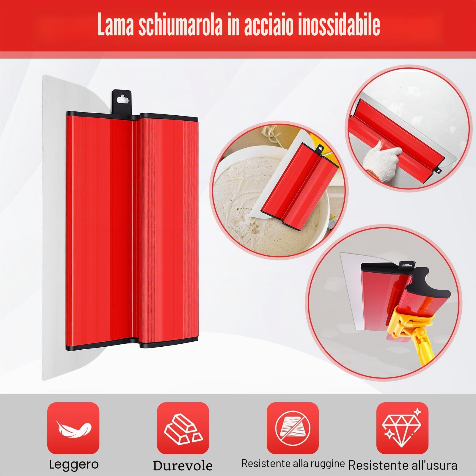 Spatole per Stucco Kit, Set di Strumenti per Finitura con 3 Raschietti (25cm+40cm+60cm), Rullo Anti-pelucchi e Asta di Prolunga, per Appiattire Pareti e Soffitti di Superficie
