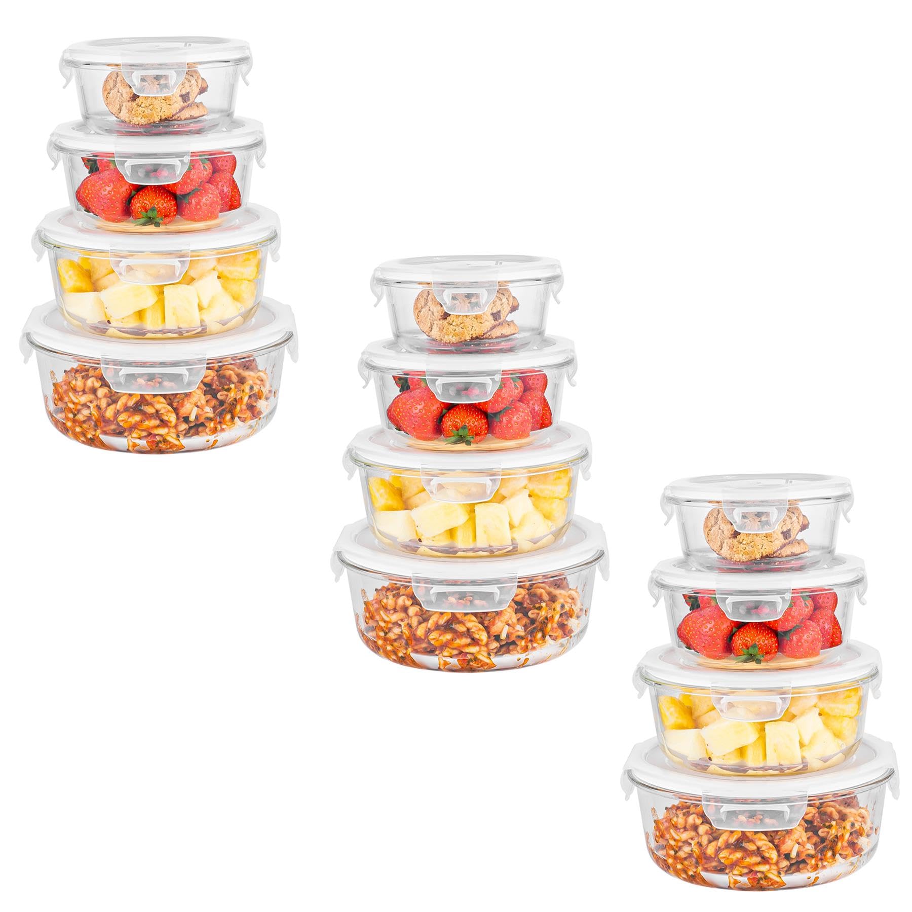 Innoteck 4pc Round Glass Storage Container Set with Snap Lock Lids - Watertight & Airtight Lids - Heat & Cold Resistant Glass - Microwave, Oven, Freeze & Dishwasher Safe - for Meal Prep, Set of 12