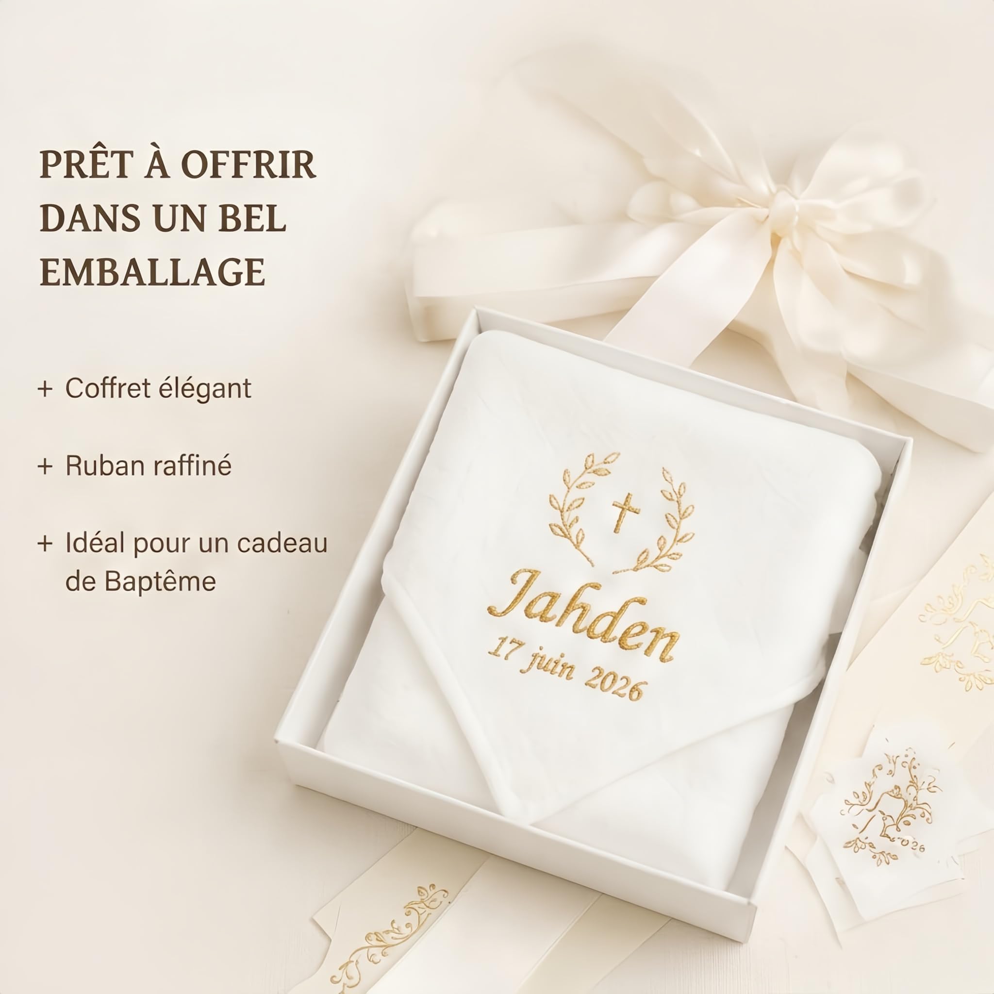 XIAOMA Couverture de Baptême Bébé Personnalisée – Coton Gaze Doux, Broderie Élégante, Style Français – Coffret Cadeau, Personnalisation 48H, Multi-Usage