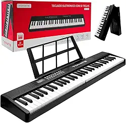 Teclado Musical Eletrônico Portátil 61 Teclas, 200 Timbres e Ritmos, Visor Digital LED com Suporte para Partituras e Microfone Incluso (Preto)