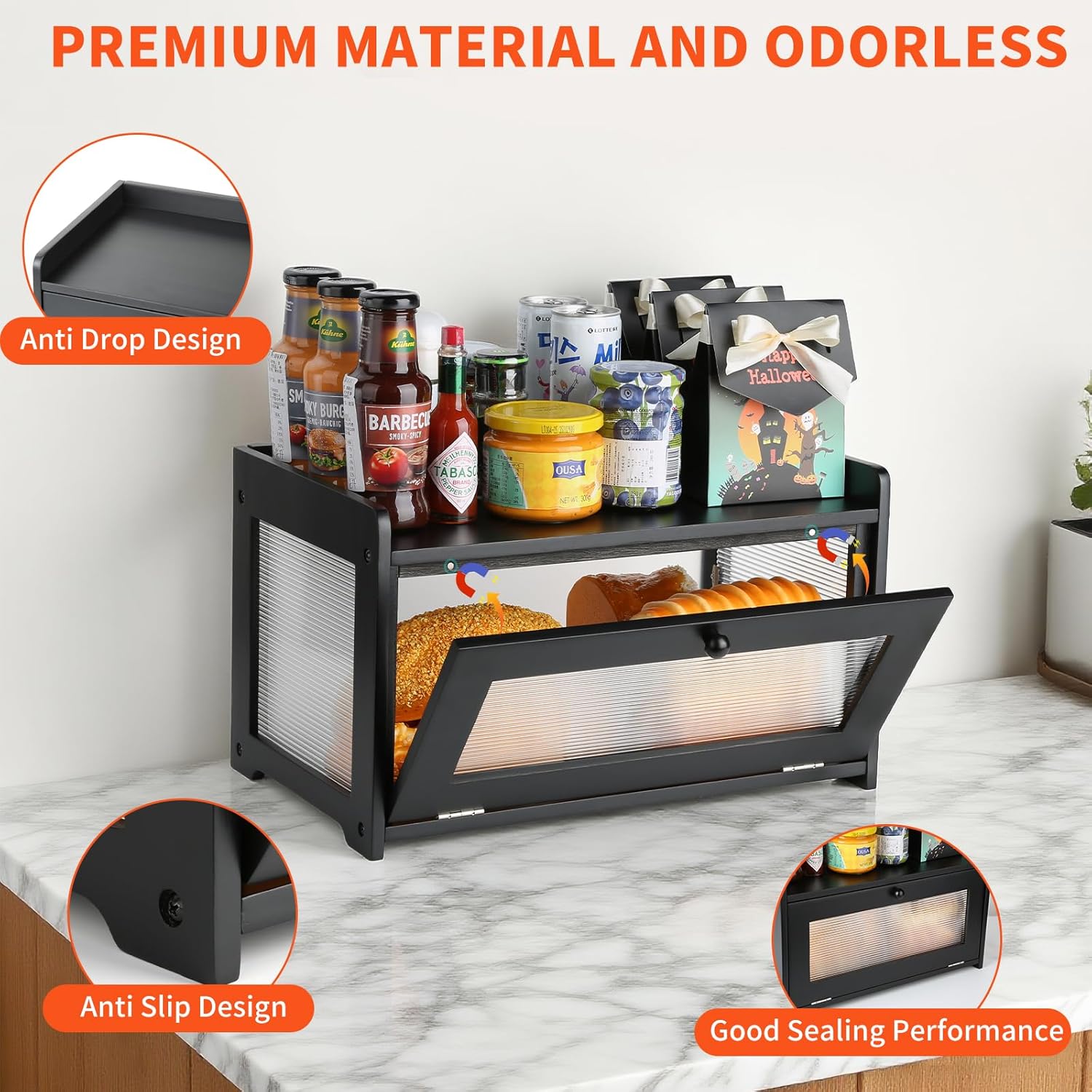 Bread Box for Kitchen Countertop - Wooden Bread Box for Homemade Bread,Large Capacity Bread Storage Container for Kitchen Counter,Easy Assembly & No Smell Bread Holder for Corner,Cabinet,Pantry(Black)