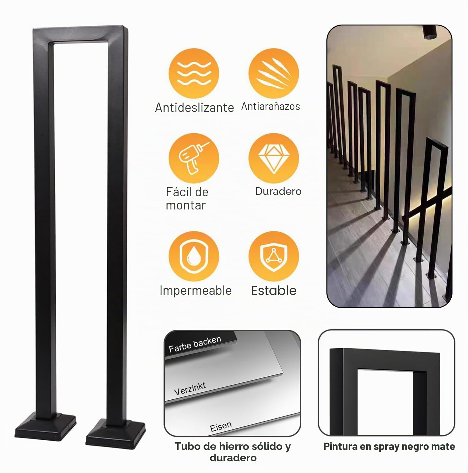 Barandilla Escalera Interior, Pasamanos Escalera en Forma de U, Barandillas Escaleras para Villas, Balcones, Pasillos, Apartamentos, Interiores y Exteriores (85cm, Negro)