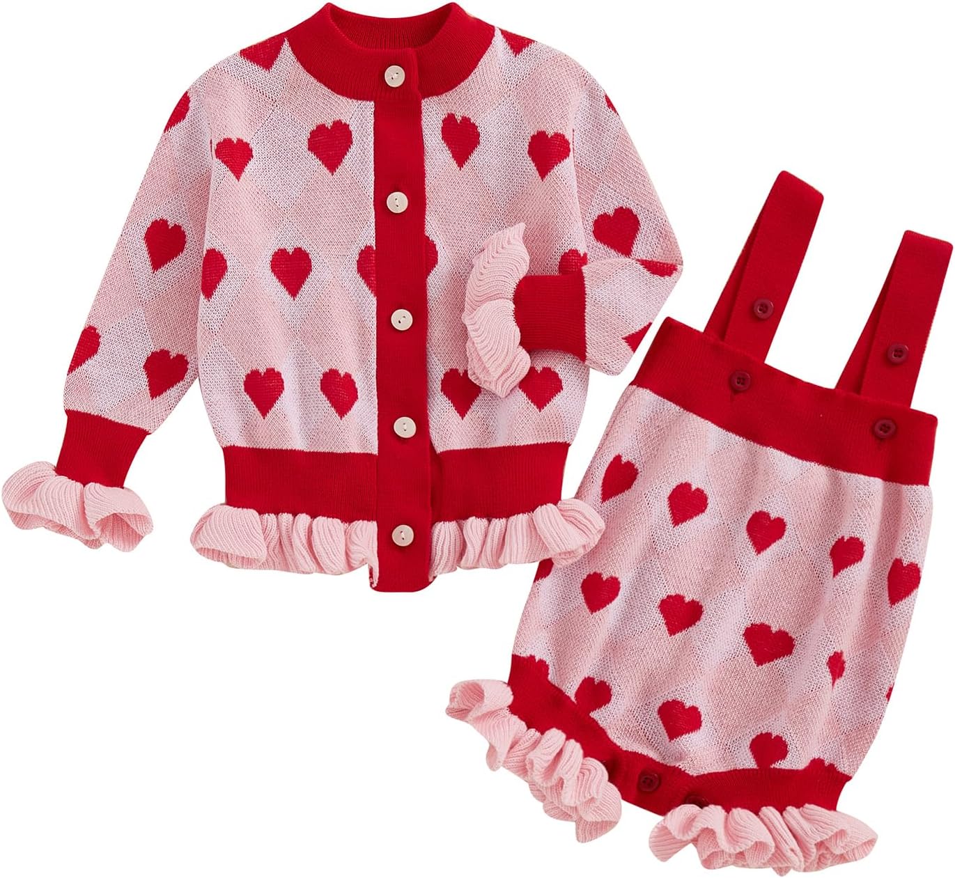 Toddler Valentines Day Outfit Girl Baby Heart Print Long Sleeve Cardigan Top Knit Romper Overalls Spring Clothes Set