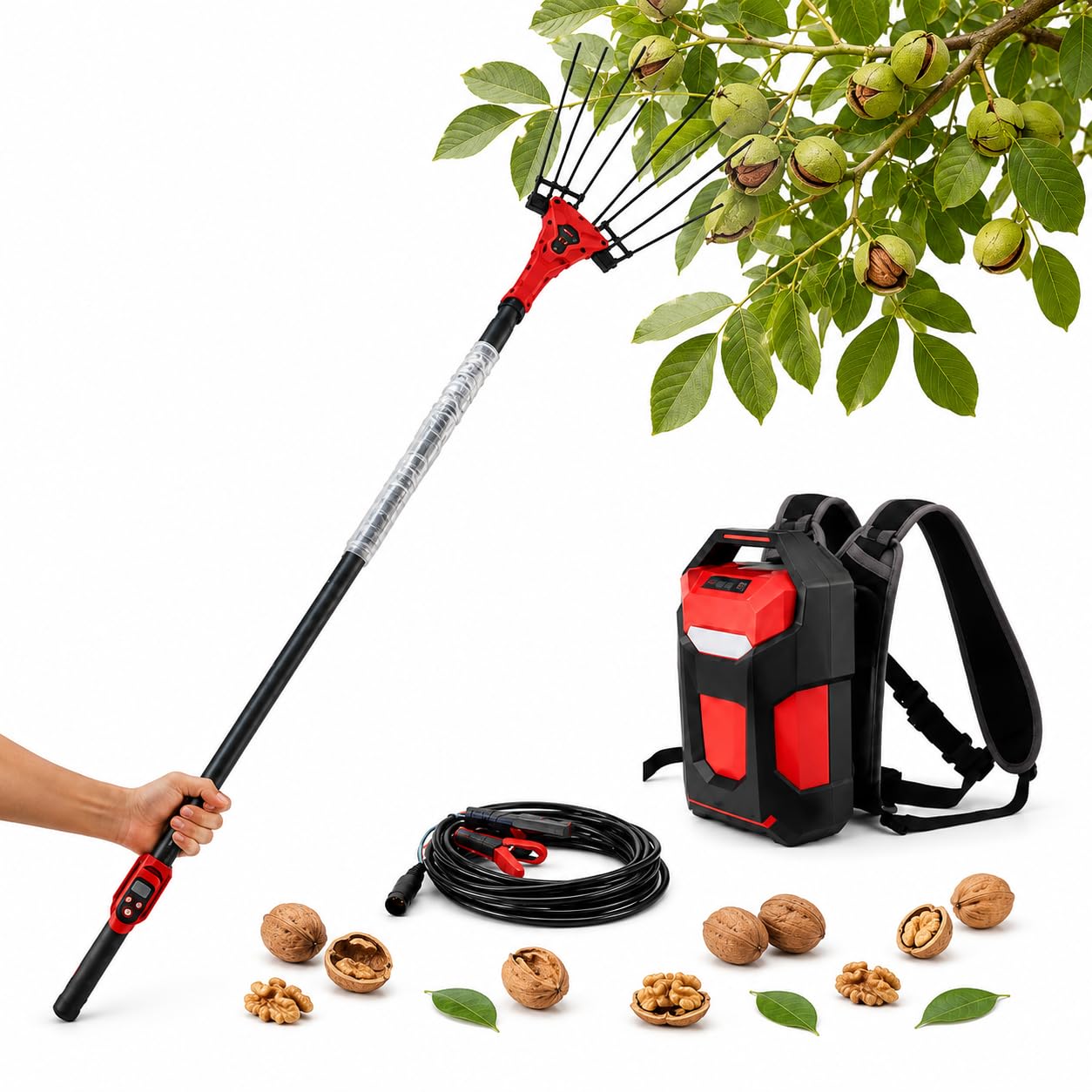 Recolector De Frutas Eléctrico, Cosechadora De Aceitunas Eléctrica De 250 W/600 W con Pértiga Telescópica De 2 A 3 M, 6500 RPM, 6 Niveles De Vibración, Batería Tipo Mochila 250w