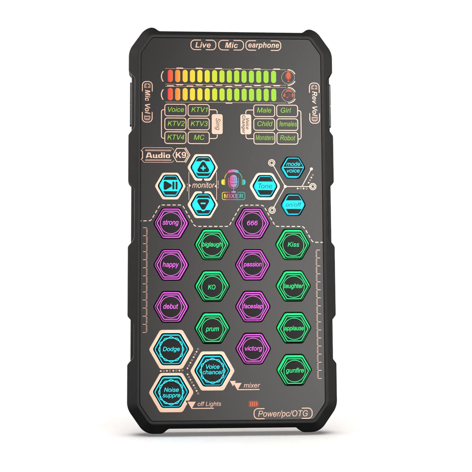 Scheda Audio Live Portatile K9 con di Voce - 6 modalità di Canto e 6 Effetti Vocali - Mixer USB per Karaoke e Registrazione - Compatta e Facile da Usare per Podcaster e Streamer