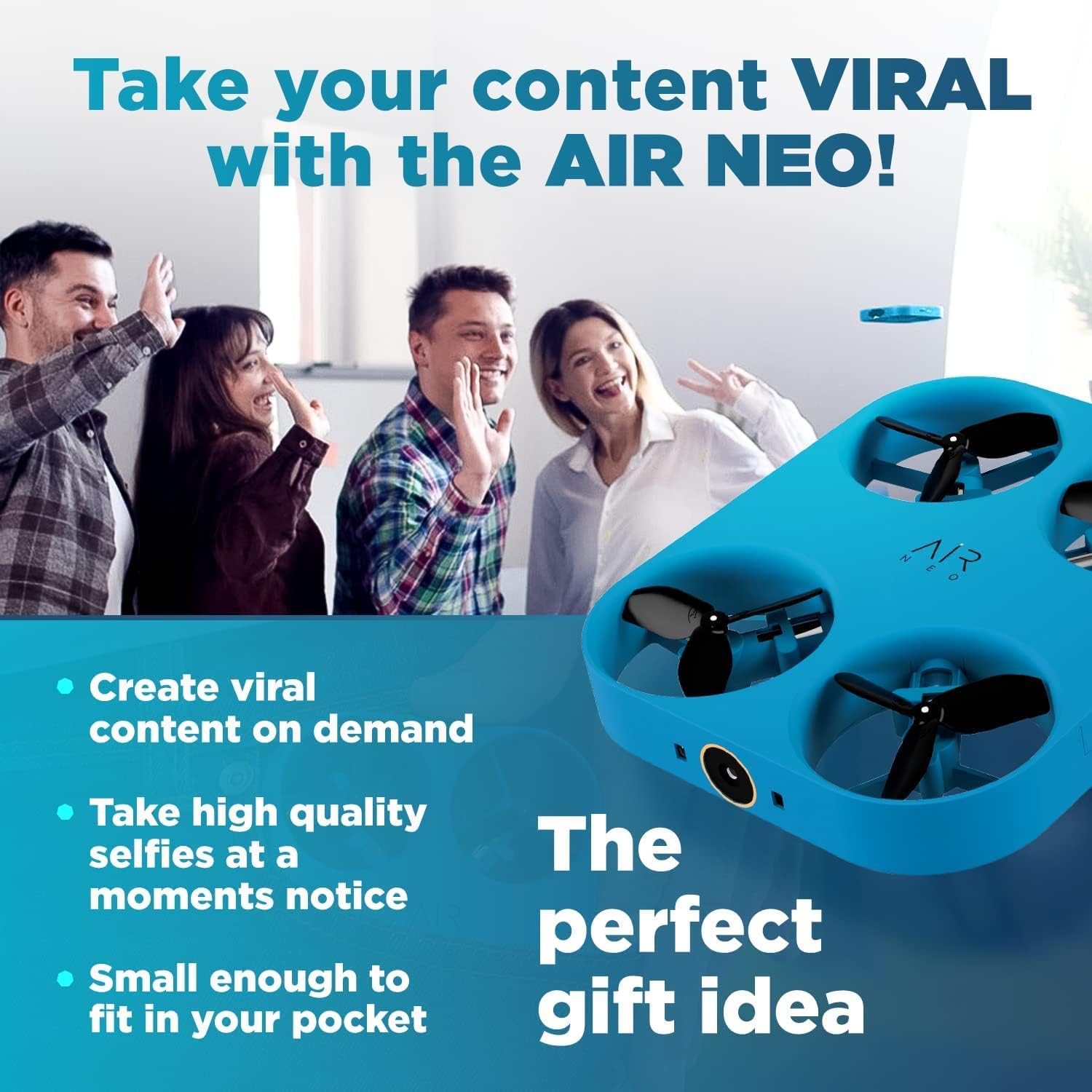 Air Neo Selfie Drone Mini Drone with Camera for Adults, Beginners, Kids, 2K Camera, AI-based Auto Flight & Capture, Hands-free, App Navigation, Micro Drone with Silicone Power Bank Sleeve