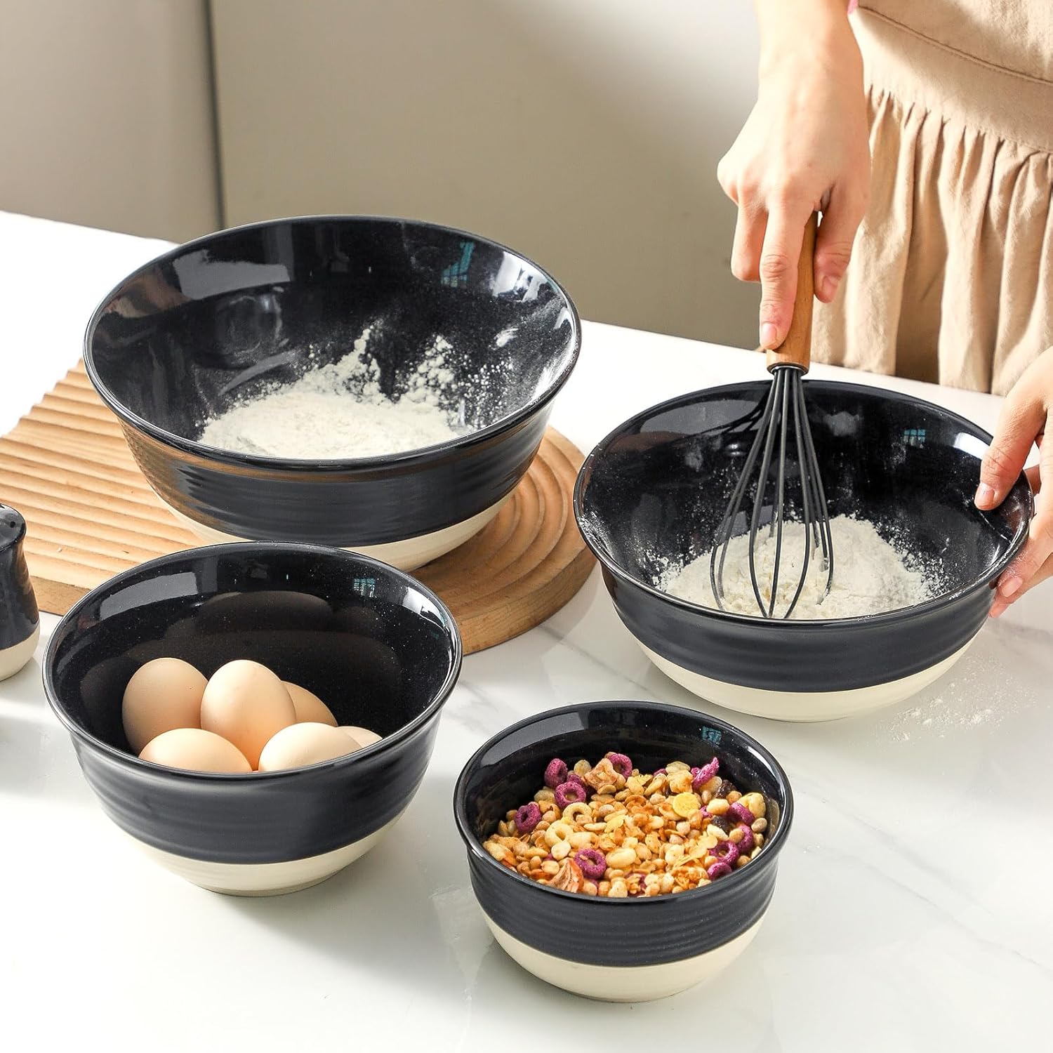 HASENSE Large Ceramic Mixing Bowls, 2.1/1.5/1.0/0.5 Qt Serving Bowls for Kitchen, Nesting Salad Bowls Set for Mixing, Cooking, Baking, Fruit, Side Dishes, Holiday Serving Dishes, Set of 4, Black - Image 7