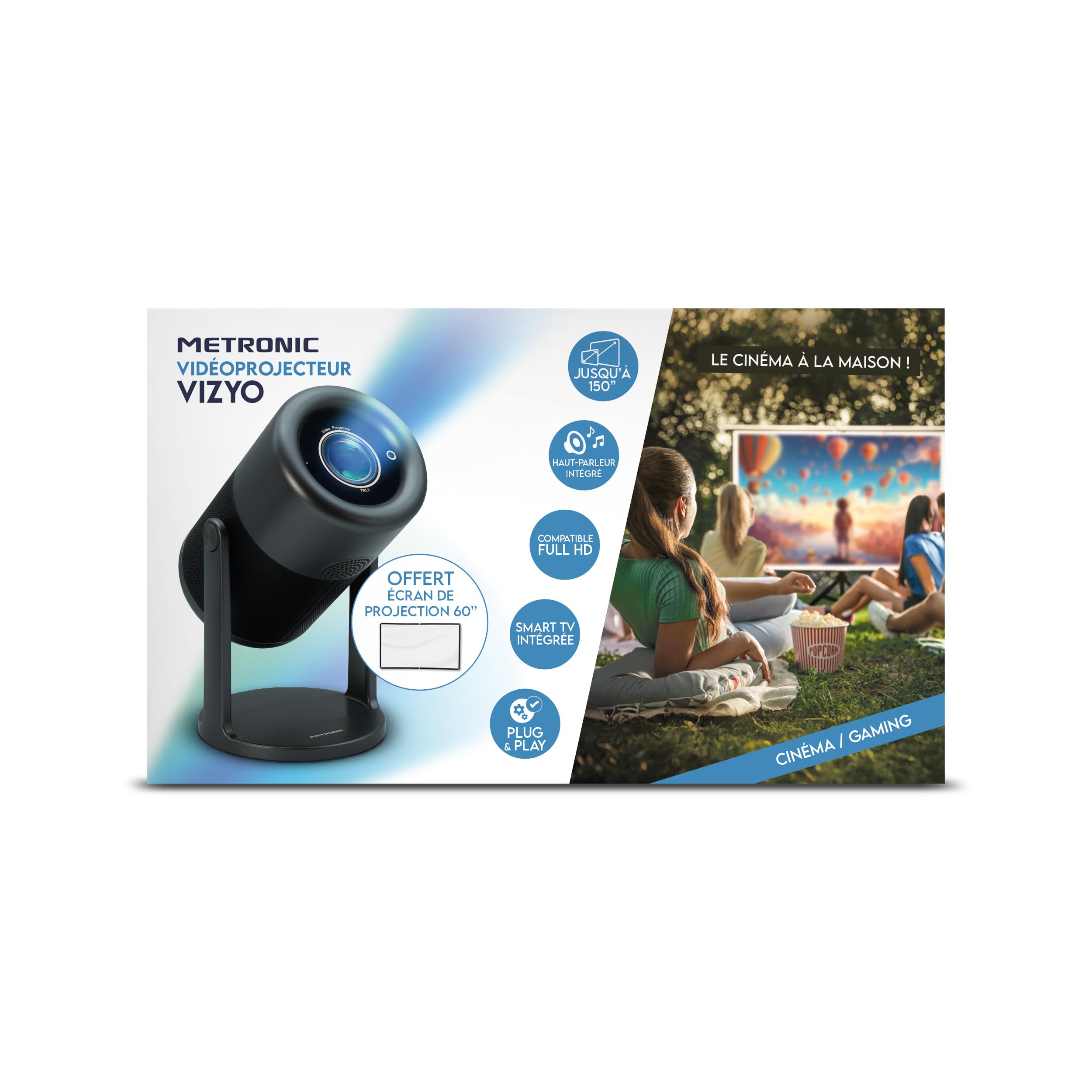 Metronic 475350 – Proyector Portátil WiFi Bluetooth | 3000 LM | Full HD Compatible | Pantalla hasta 150" | Corrección Trapezoidal Automática | Altavoz | Incluye Pantalla 60" y Mando | Negro