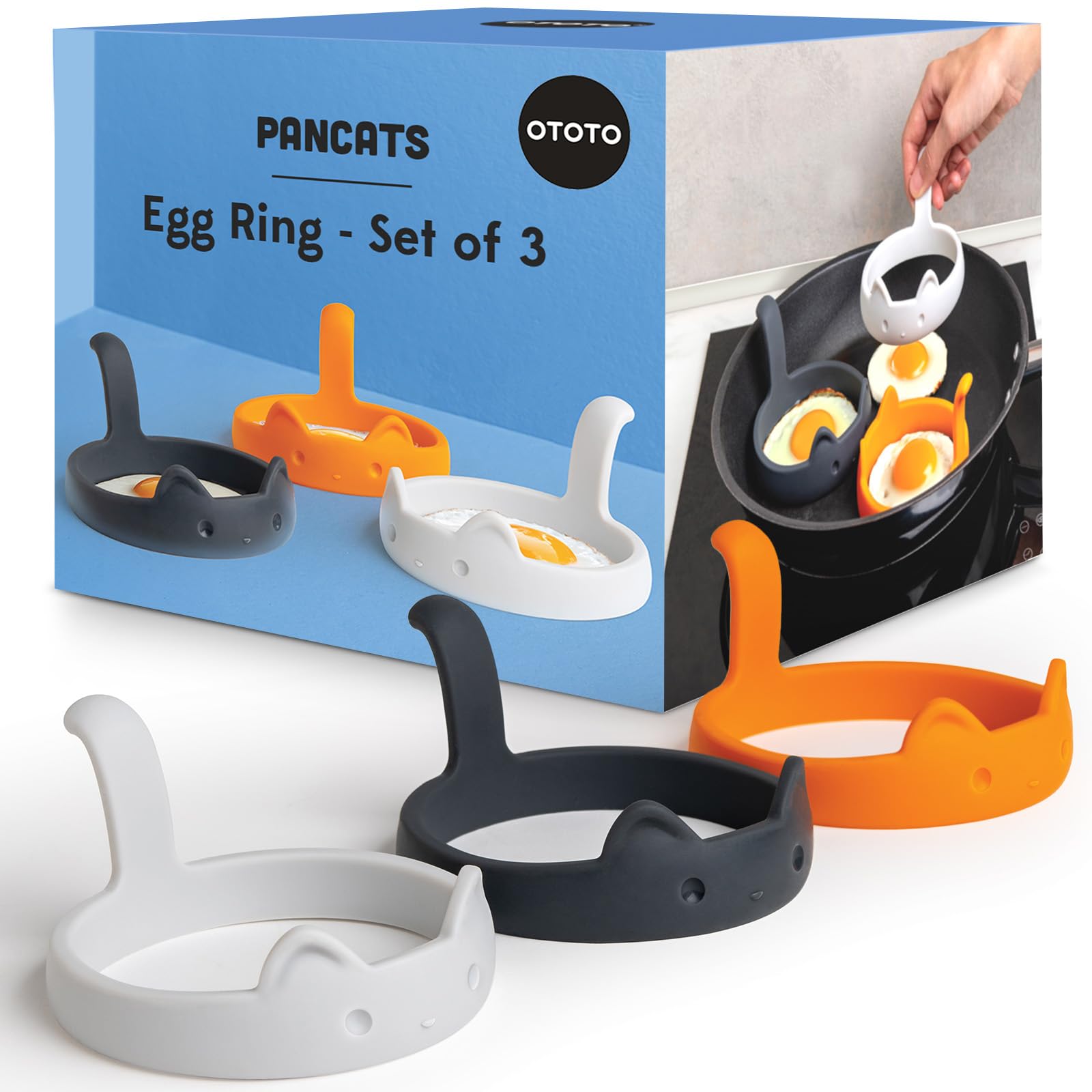 OTOTO PanCats Egg Ring Set of 3 - Silicone Egg Rings for Frying Eggs, Non Stick Fried Egg Cooker Ring, Cat Gifts for Cat Lovers, Cute Funny Kitchen