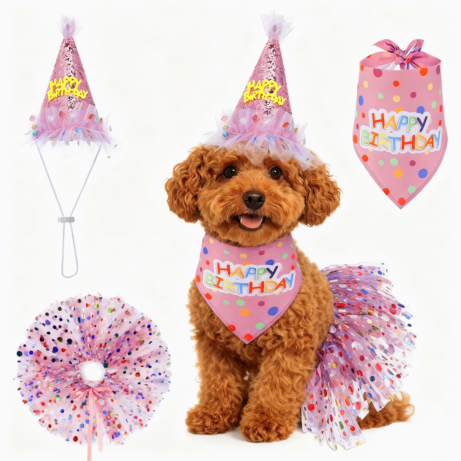 3Pcs Dog Birthday Hat with Bandana Dress Girl Set, Cute Dog Tutu Skirt Outfit, Puppy Birthday Party Supplies for Small Medium Large Dogs Decorations(Pink)