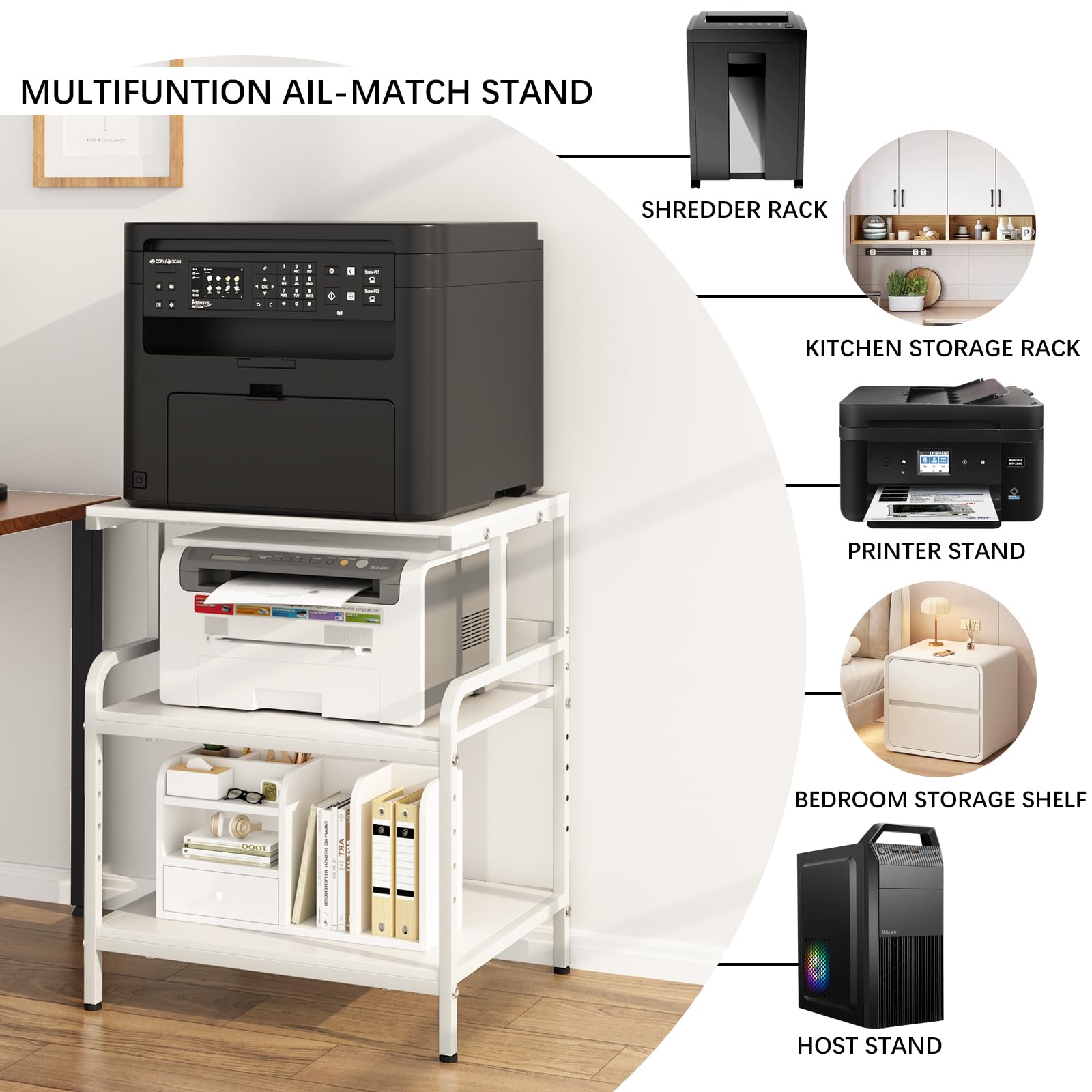 Arbuxzuy Soporte grande para impresora con estante de almacenamiento, carrito de impresora de 23.6 pulgadas de ancho x 18.9 pulgadas de profundidad con ruedas, mesa de impresora móvil de 3 niveles
