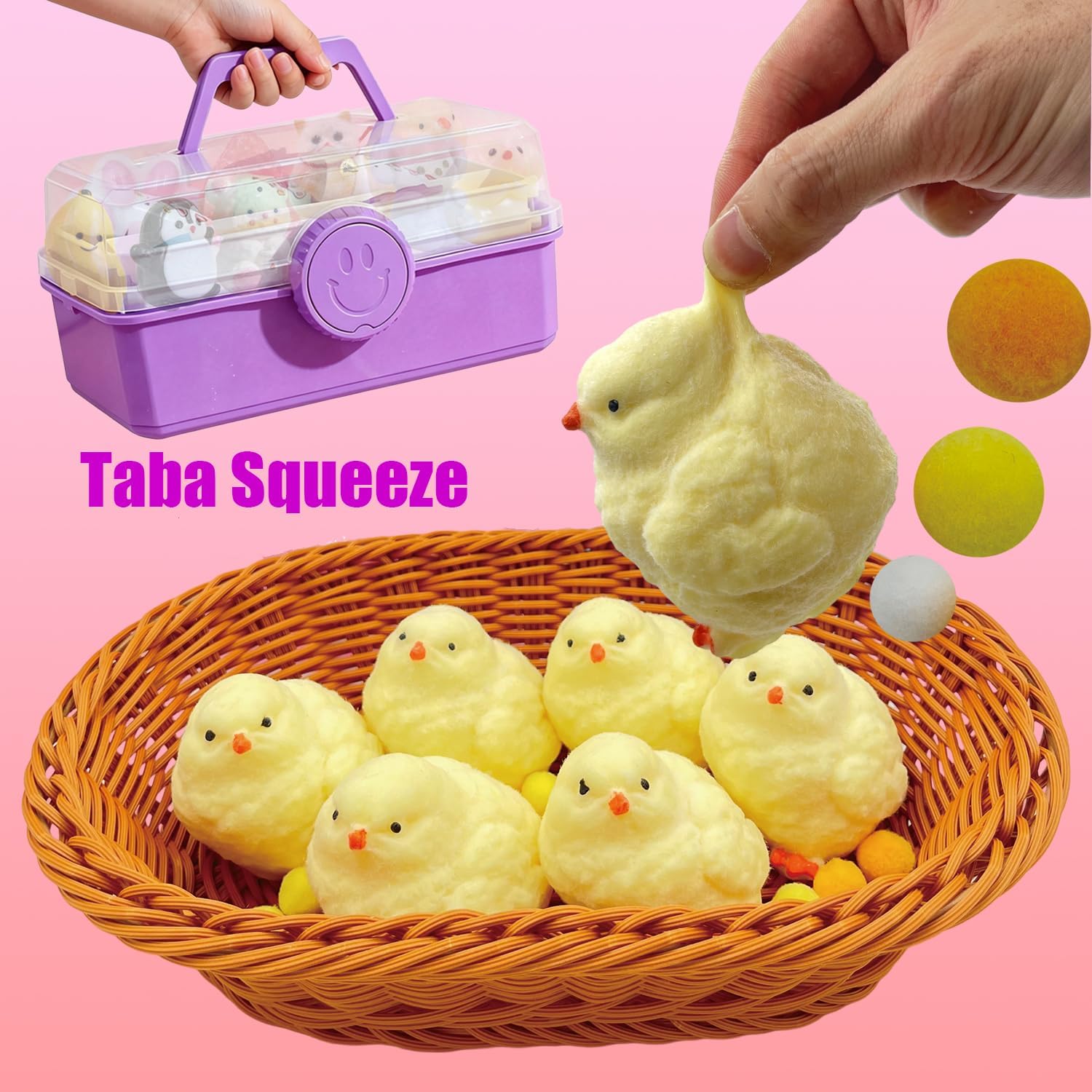 Squishy Toys Set Storage Box - Kawaii Cute Mochi Taba Squishies Slow Rising, Stress Relief Fidget Pack Kids Adults, Includes Orange Cat, Chicken, Paw, Milk Bear Squeeze Toys Set