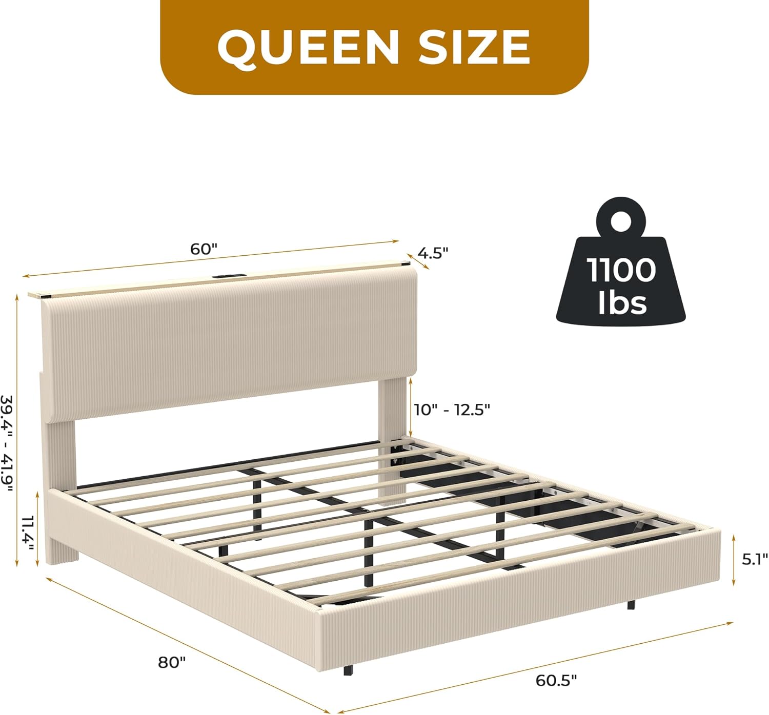 Diagram showing dimensions of the Queen size bed frame