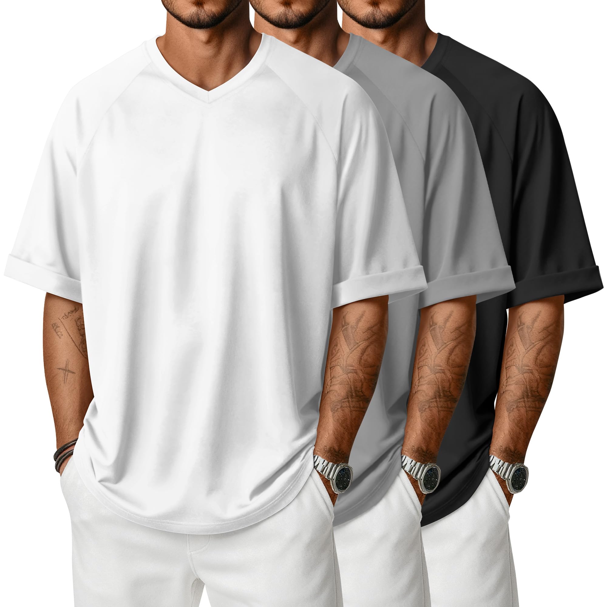 3 Pack Mens Oversized T-Shirts Baggy Half Short Sleeve Tee V Neck Rolled Sleeve Shirts Summer Casual Workout