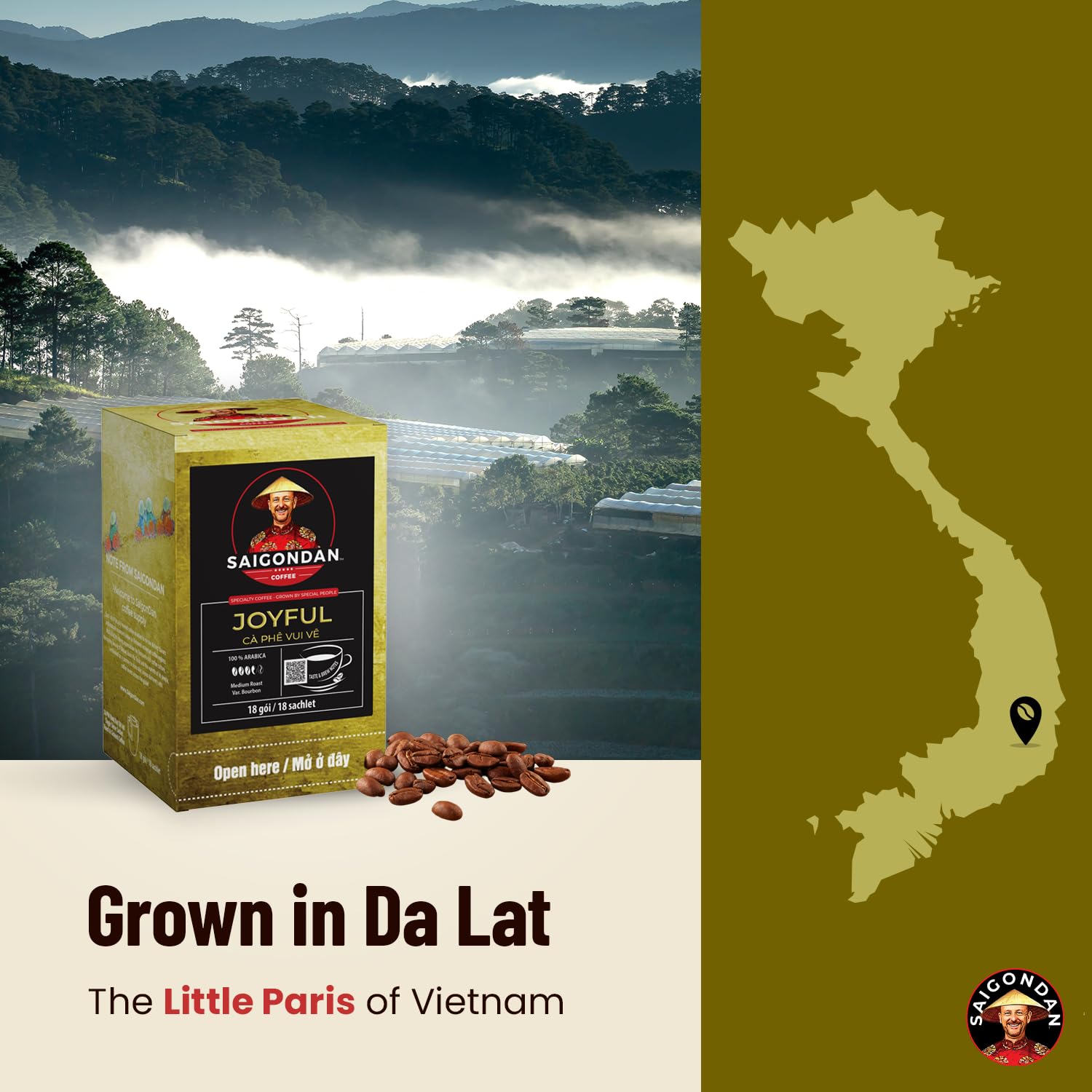 Joyful Pour Over Vietnamese Coffee – Saigondan Single Serve Coffee Sachets | Medium Roast 100% Arabica Bourbon | Instant Specialty Coffee for Travel & Camping | Notes of Orange Blossom (18 Sachets)