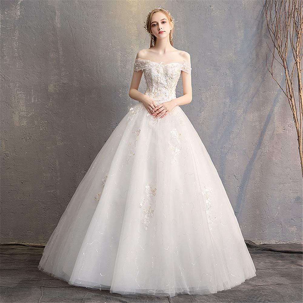 Abito da Sposa Donne Abiti da Sposa Corte di Lusso Word Spalla Pizzo Slim Slimming Abito da Sposa Abito da Sposa, Bianco, l