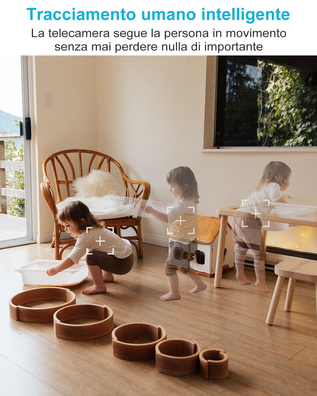GENBOLT Telecamera di Sicurezza Wi-Fi Per Interni, Videocamera per neonati | 2MP+2MP, Vista a 360°, Rilevamento tramite IA, Baby Monitor, Audio bidirezionale, Tracciamento automatico, 2.4&5GHz