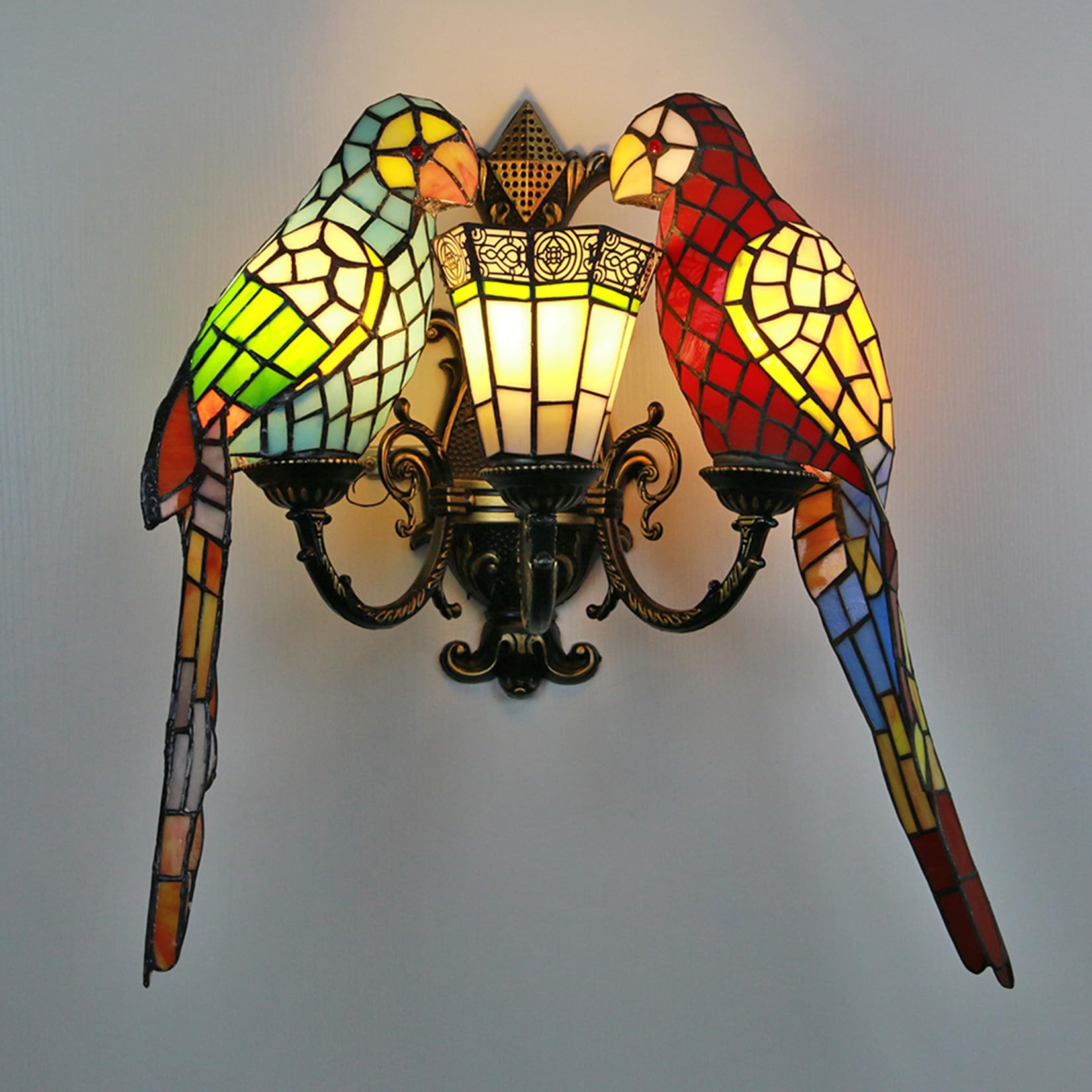 Botowi A1 Tiffany Wall Sconce Lamp Parrot Wall Light With Stained Glass Mission Shade 3 Lights Birds Wall Lamp For Living Room Bedroom Hotel Restaurant,