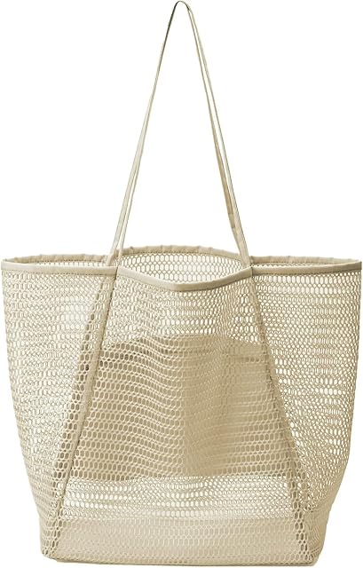 HAN-LBG Mesh Tote Bag with Zip Pocket, Large Shoulder Beach Bag Reusable Shopping Bag