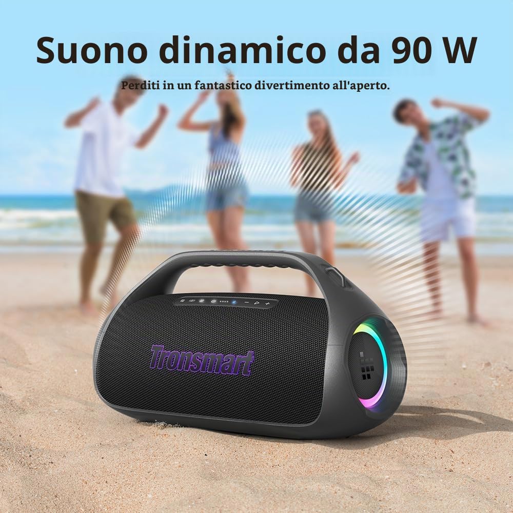 Tronsmart Bang 2 Altoparlante Bluetooth potente 90W, batteria 26H, grande altoparlante autoamplificato HiFi portatile, IPX6, EQ, altoparlante con corno e luci RGB, per campeggio, spiaggia o campagna