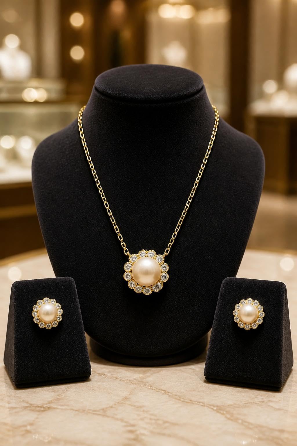Set Colgante y Pendientes Flor Plata 925 Chapada Oro con Perlas